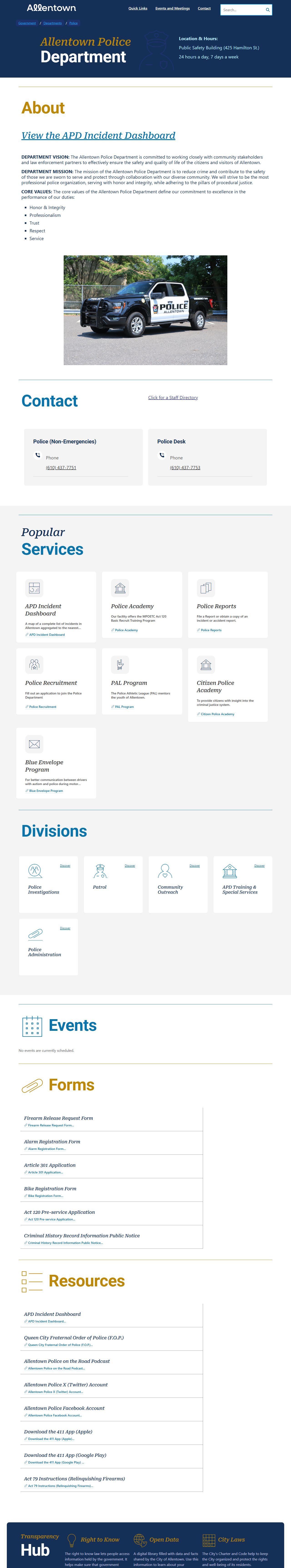 Allentown Police Department records request page for inmate information