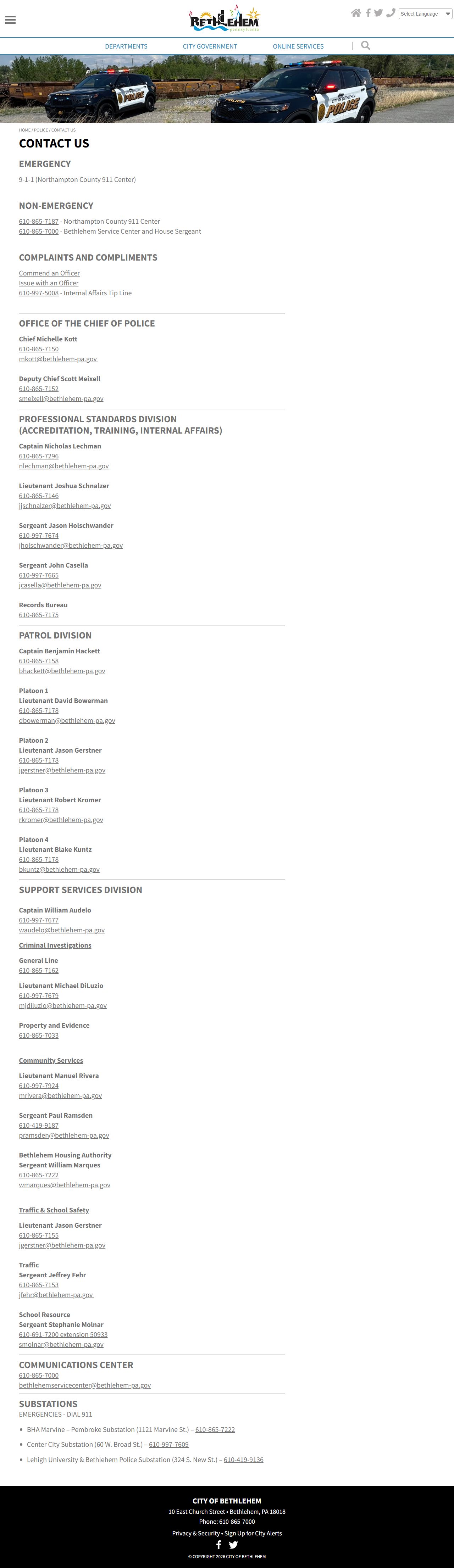 Bethlehem Police Department contact page for records and inmate inquiries