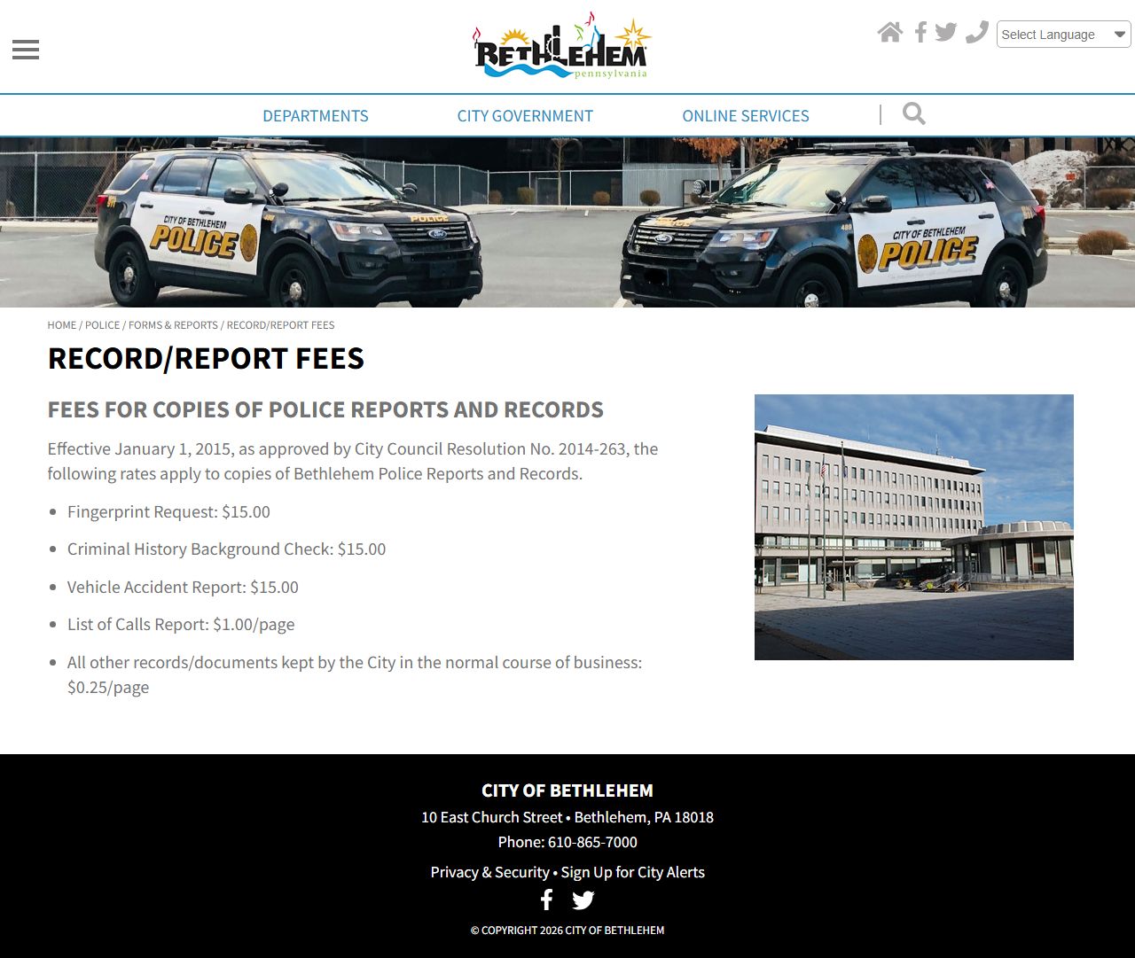 Bethlehem Police records and report fees page for inmate record requests
