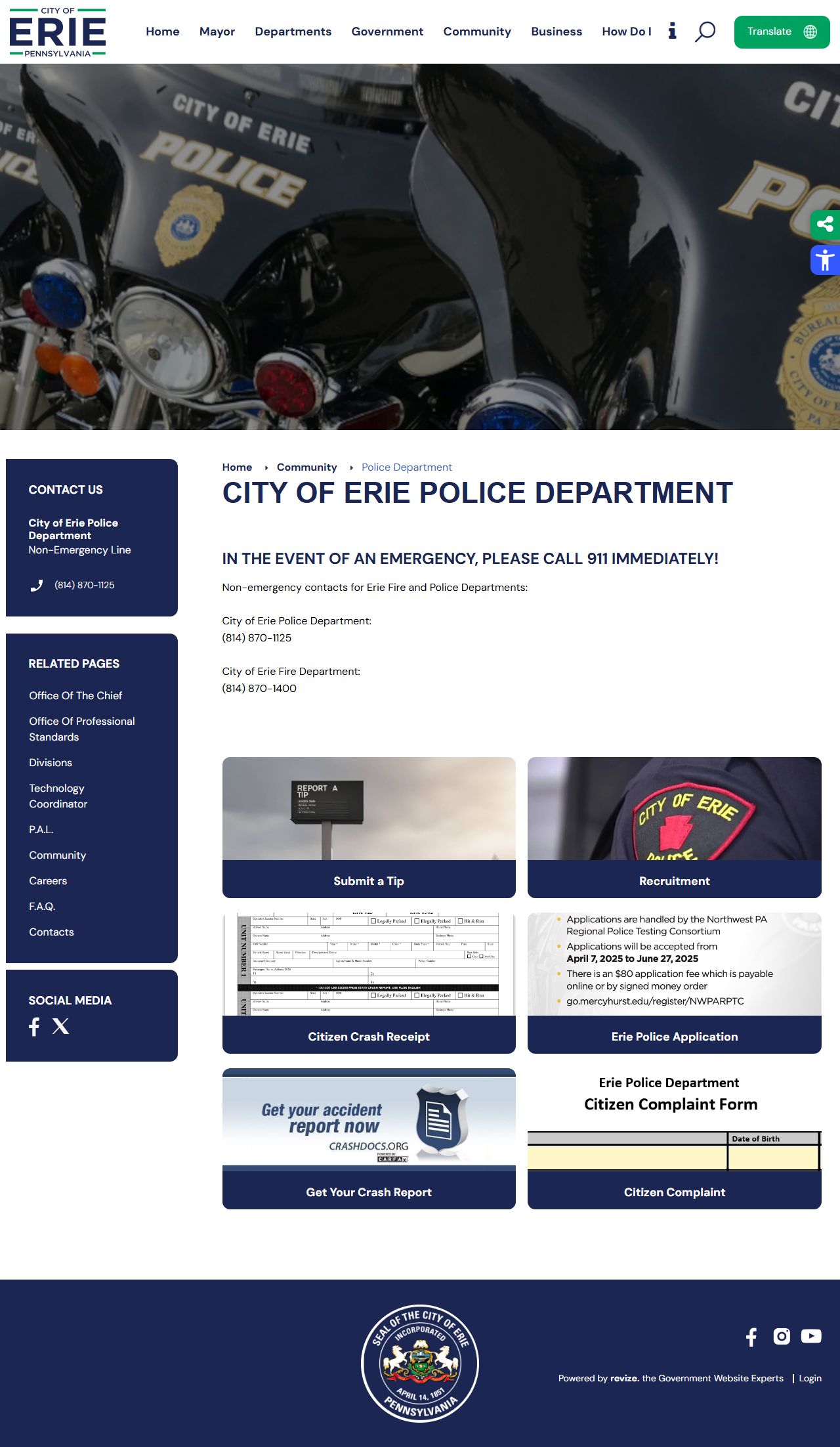 Erie Police Department official website for inmate records and custody information