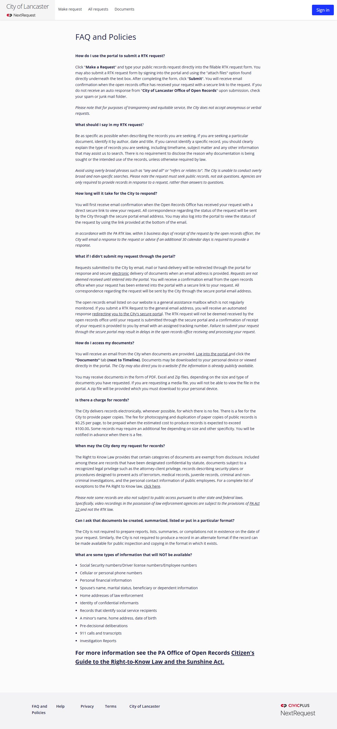 Lancaster city RTK portal for police records and released inmate information requests