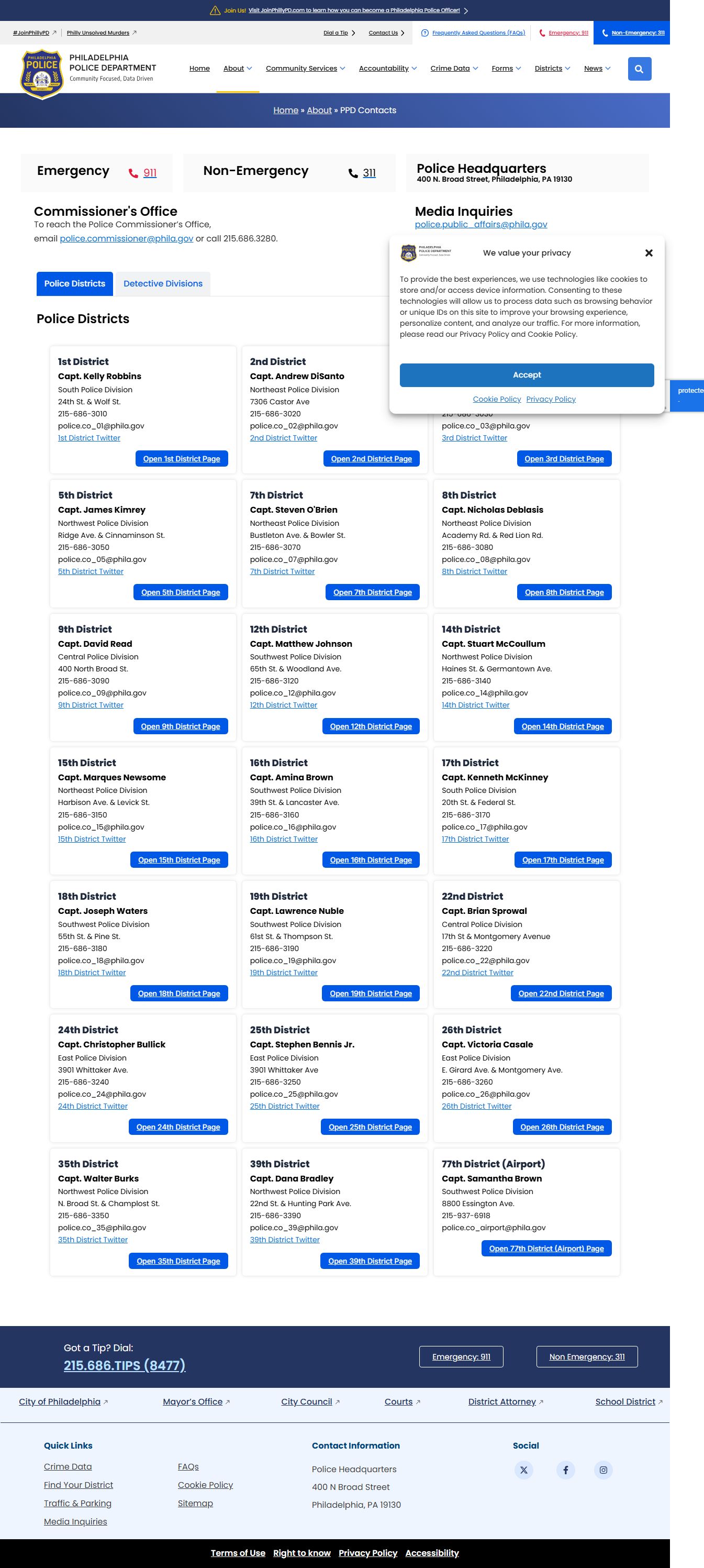 Philadelphia Police Department contacts page for RTK and records access