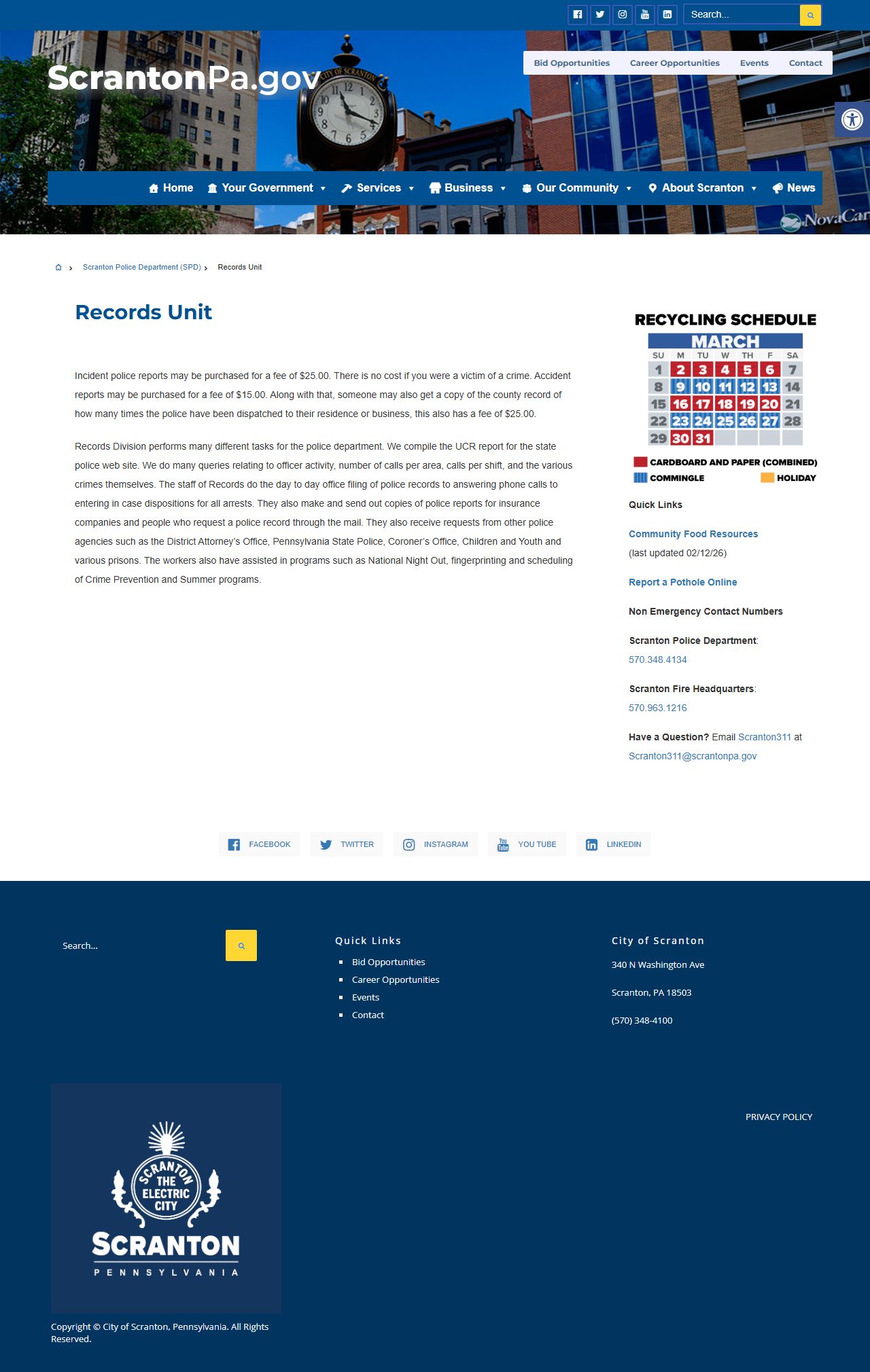 Scranton Police Department Records Unit page for released inmate record requests