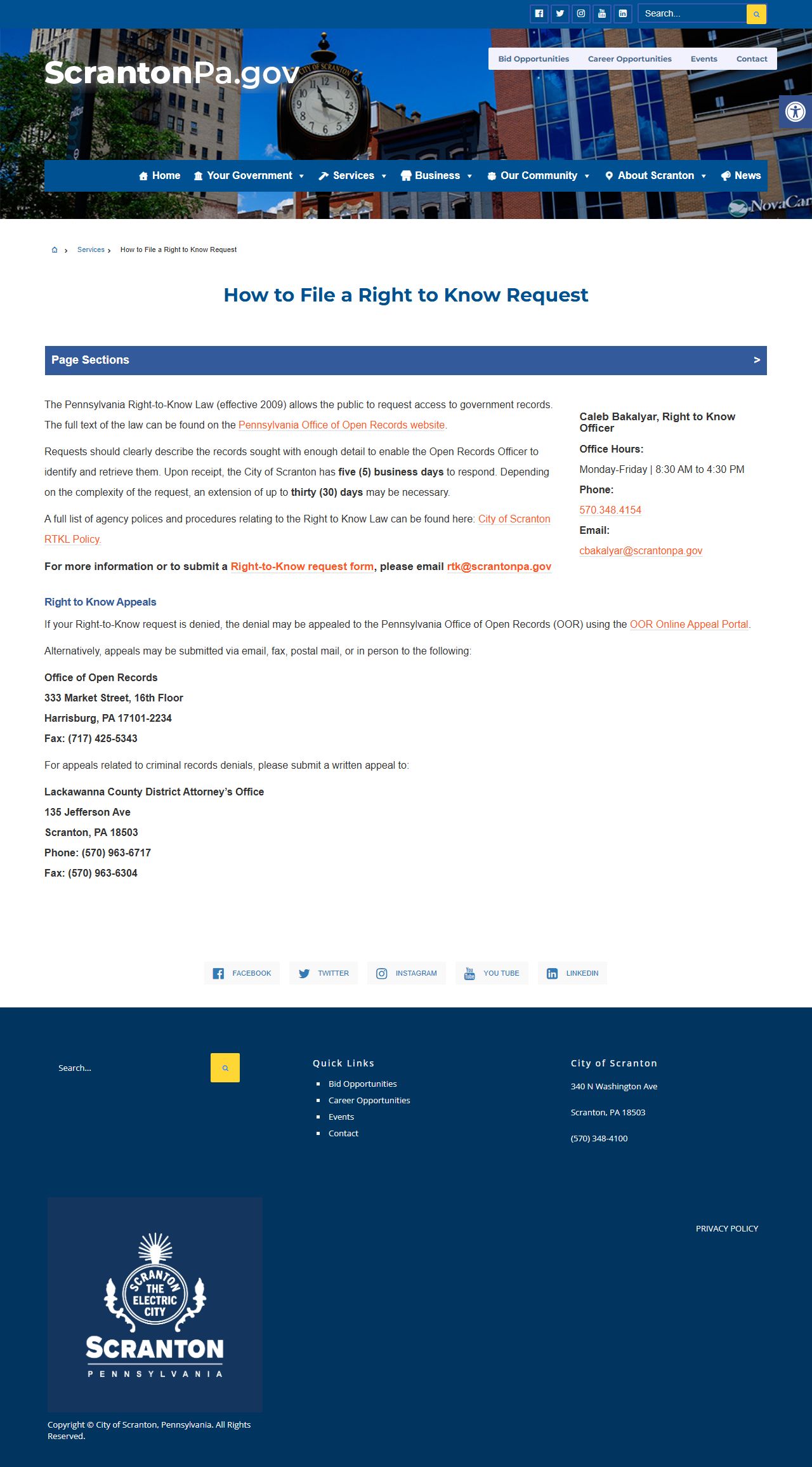 Scranton Right-to-Know request page for police and inmate records