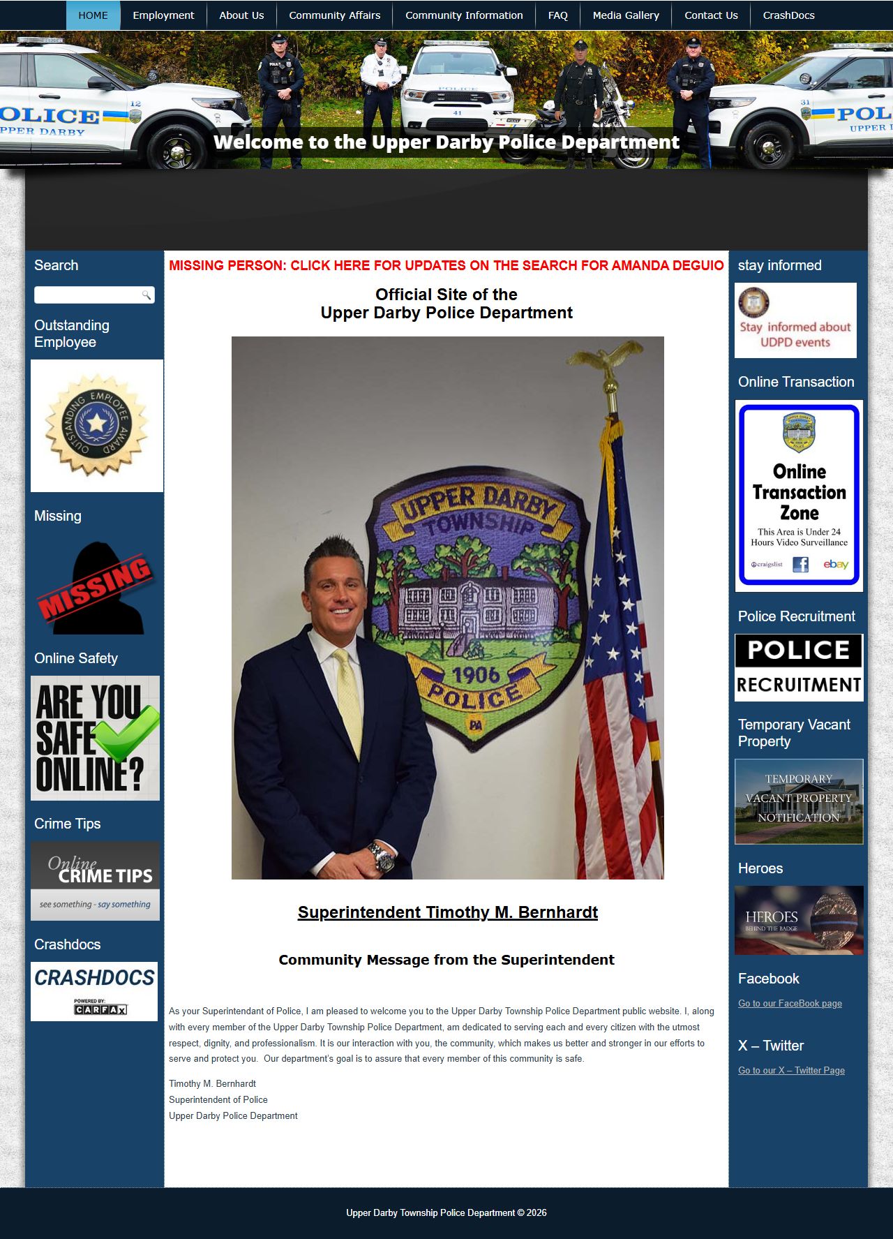 Upper Darby Police Department official website for released inmate booking records