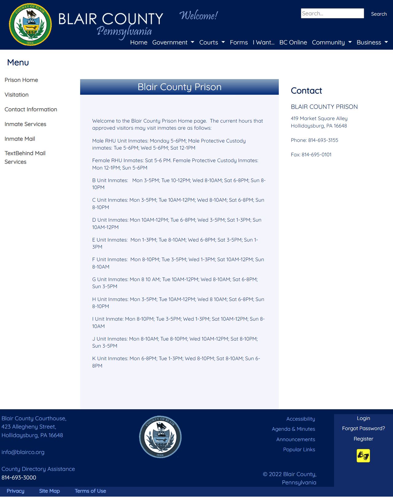 Blair County Prison department information for inmate records
