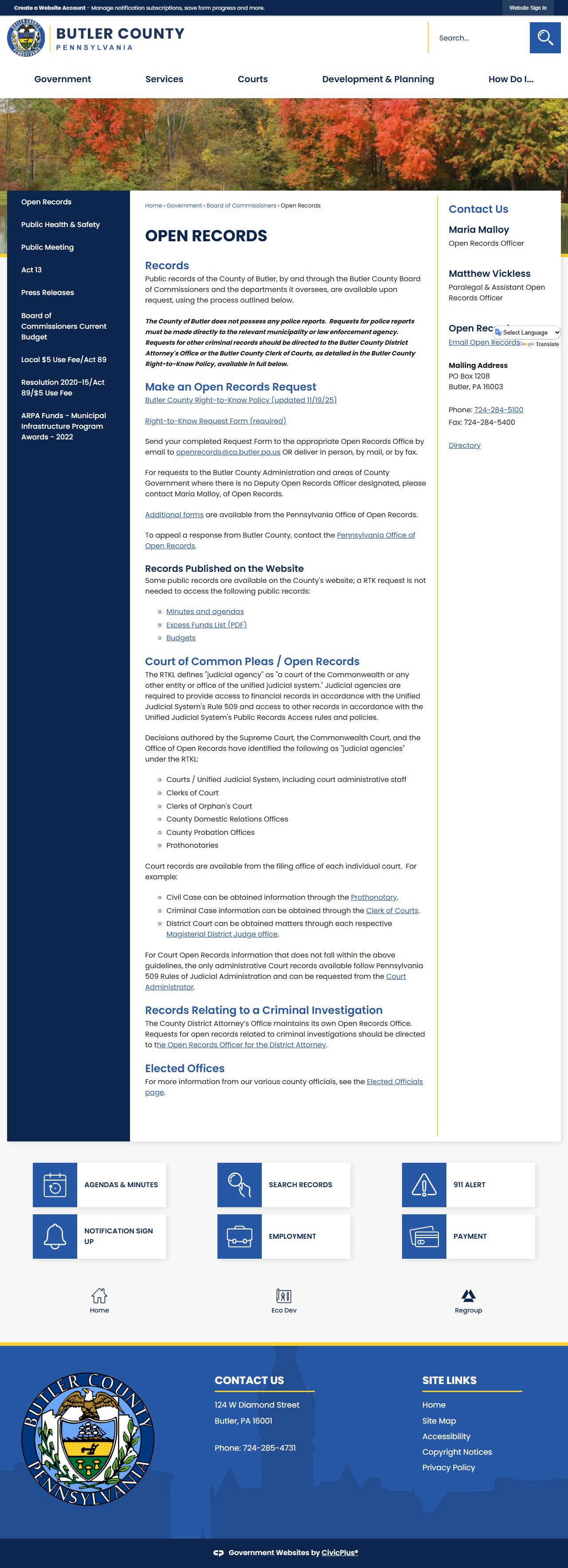 Butler County Open Records page for inmate records requests