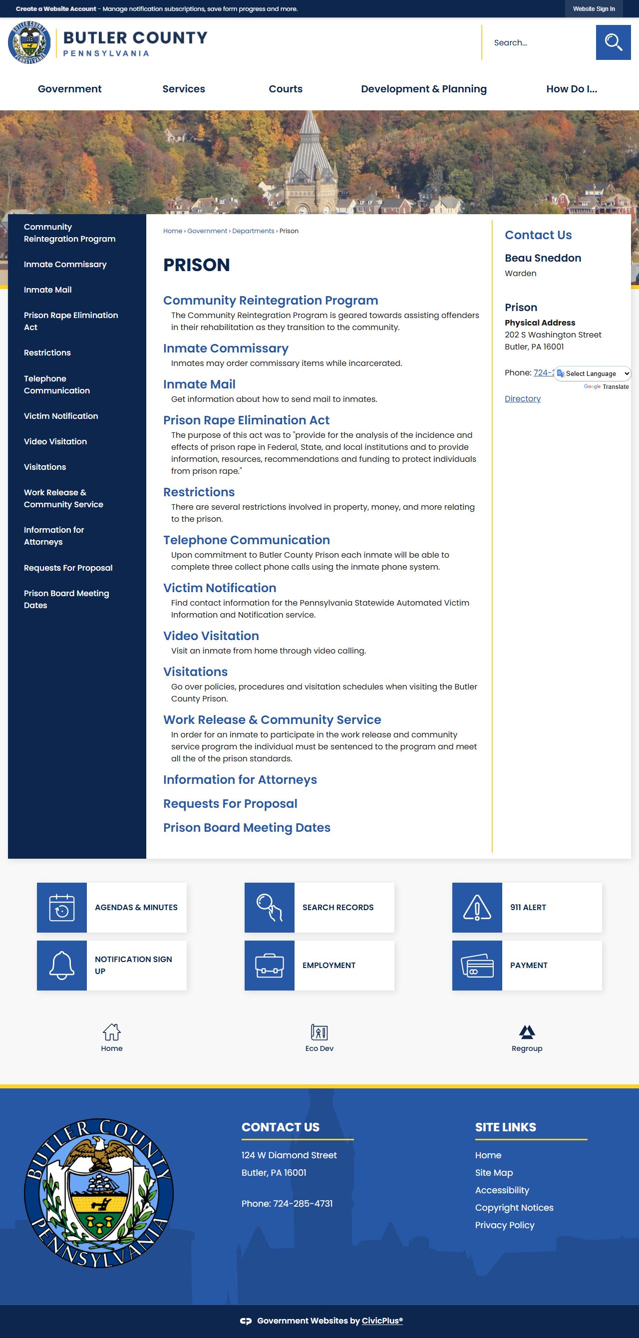 Butler County Prison official page for released inmate records