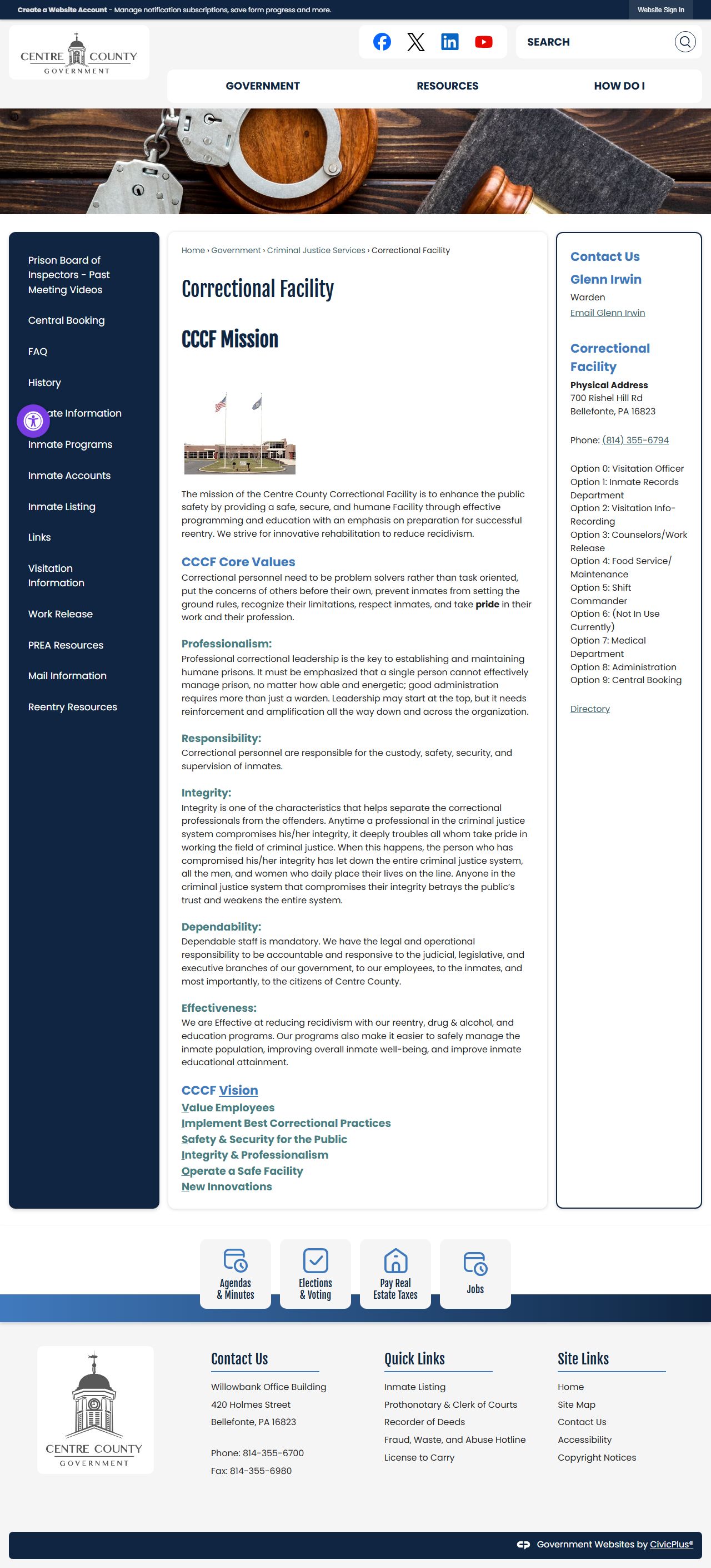 Centre County Correctional Facility page for released inmate records