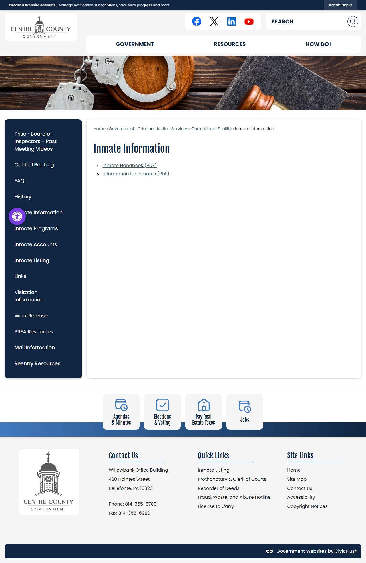 Centre County inmate information page for released inmate records