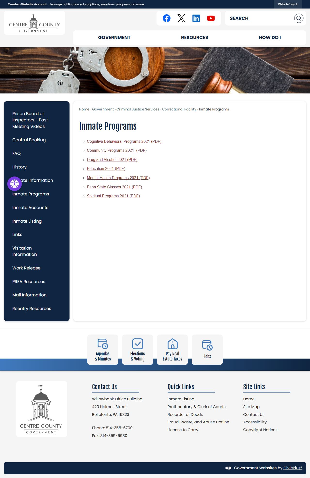 Centre County inmate programs page for released inmate records