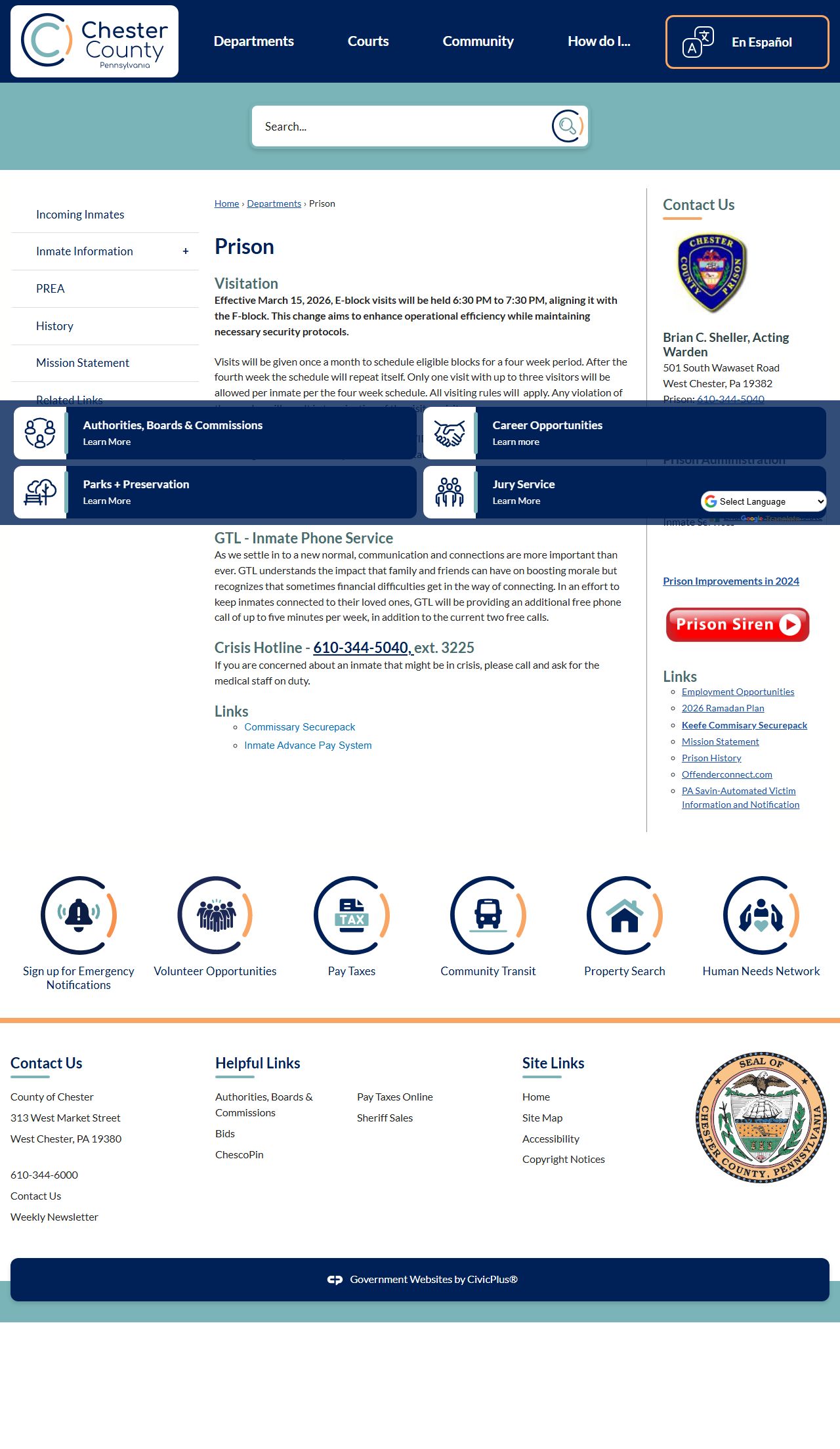 Chester County Prison page for released inmate records