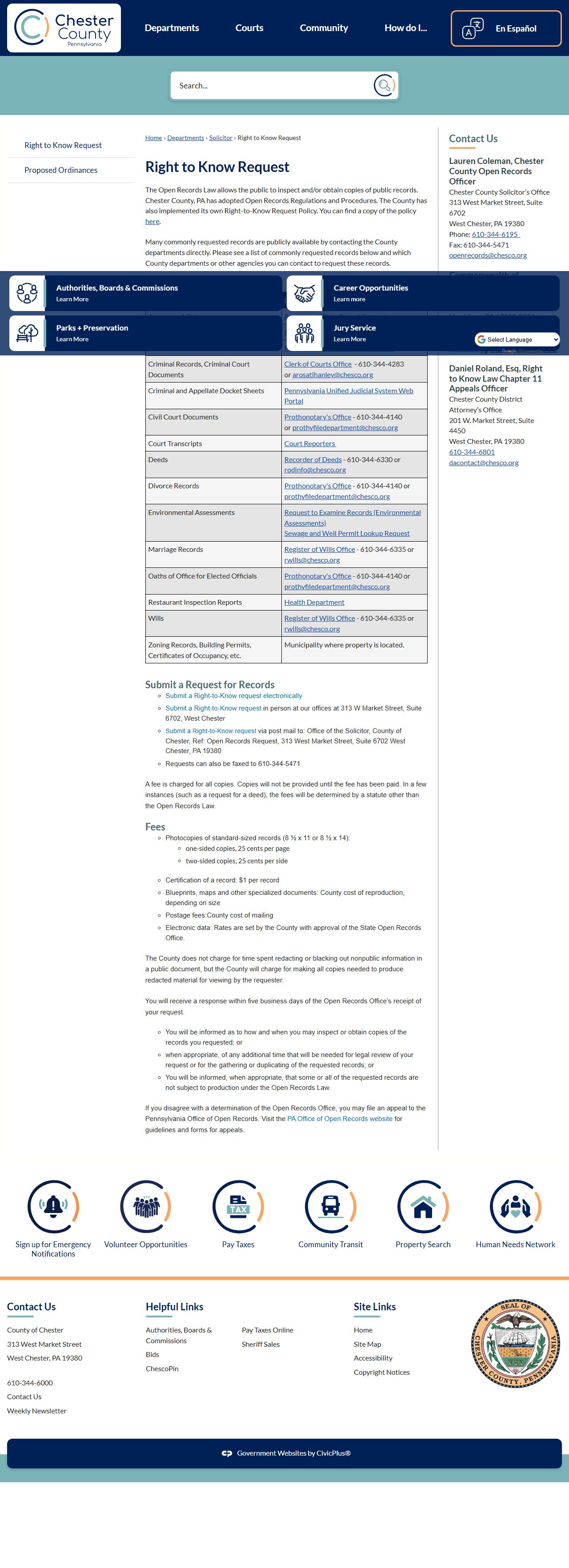 Chester County Right-to-Know request page for released inmate records