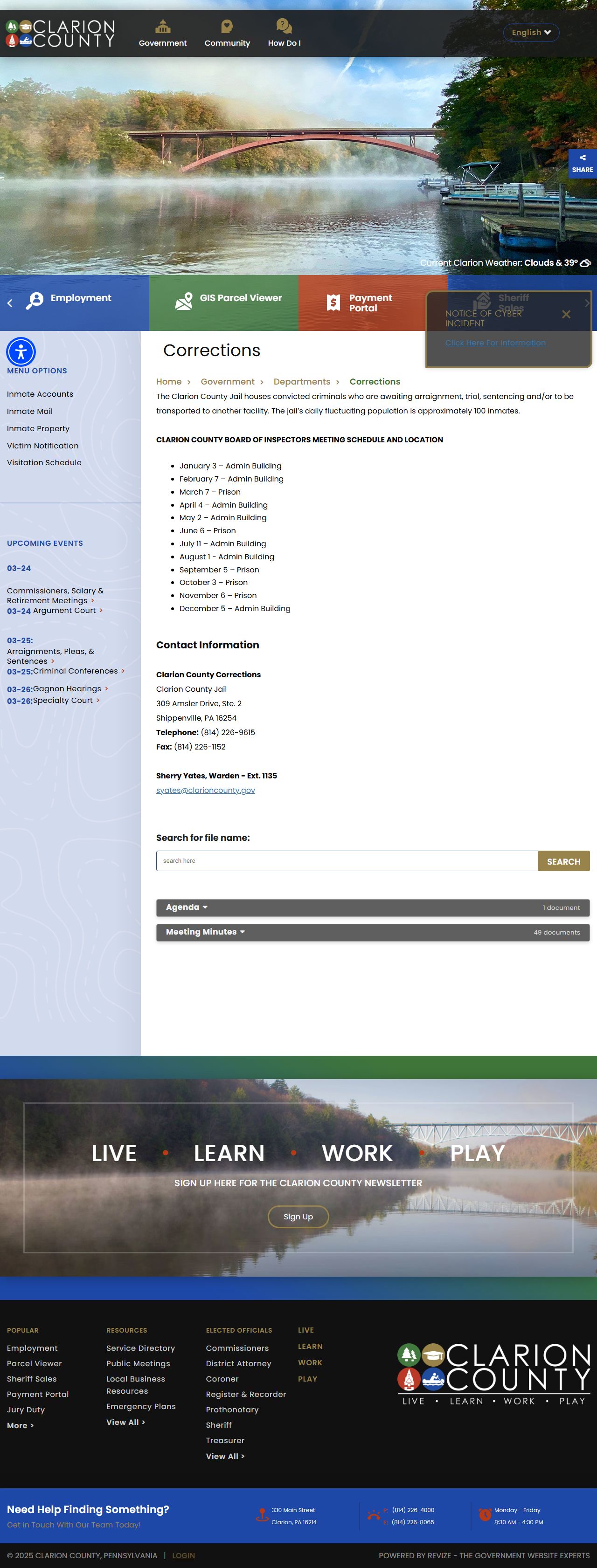 Clarion County corrections department for released inmate records