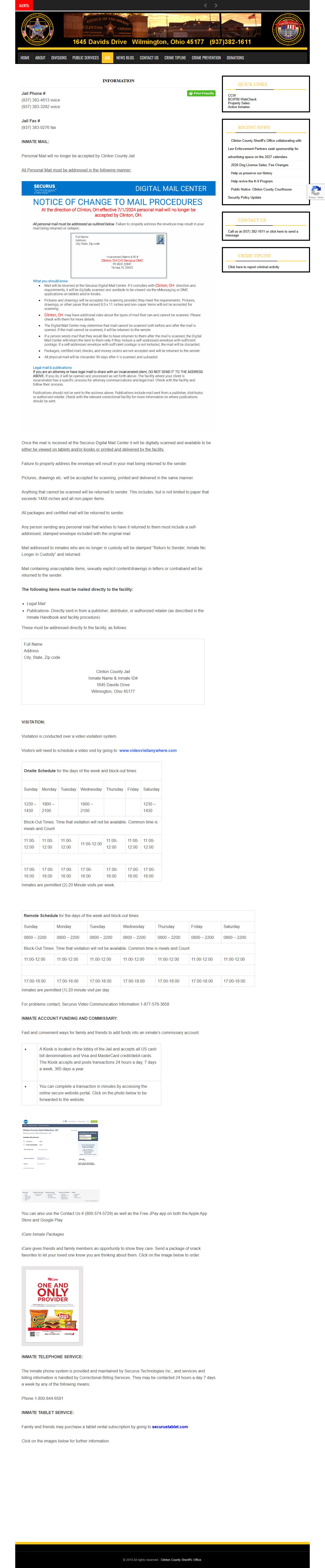 Clinton County Sheriff jail information page for released inmate records