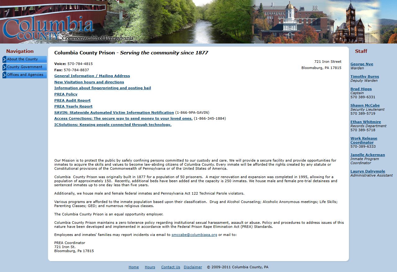 Columbia County Sheriff prison page for released inmate records