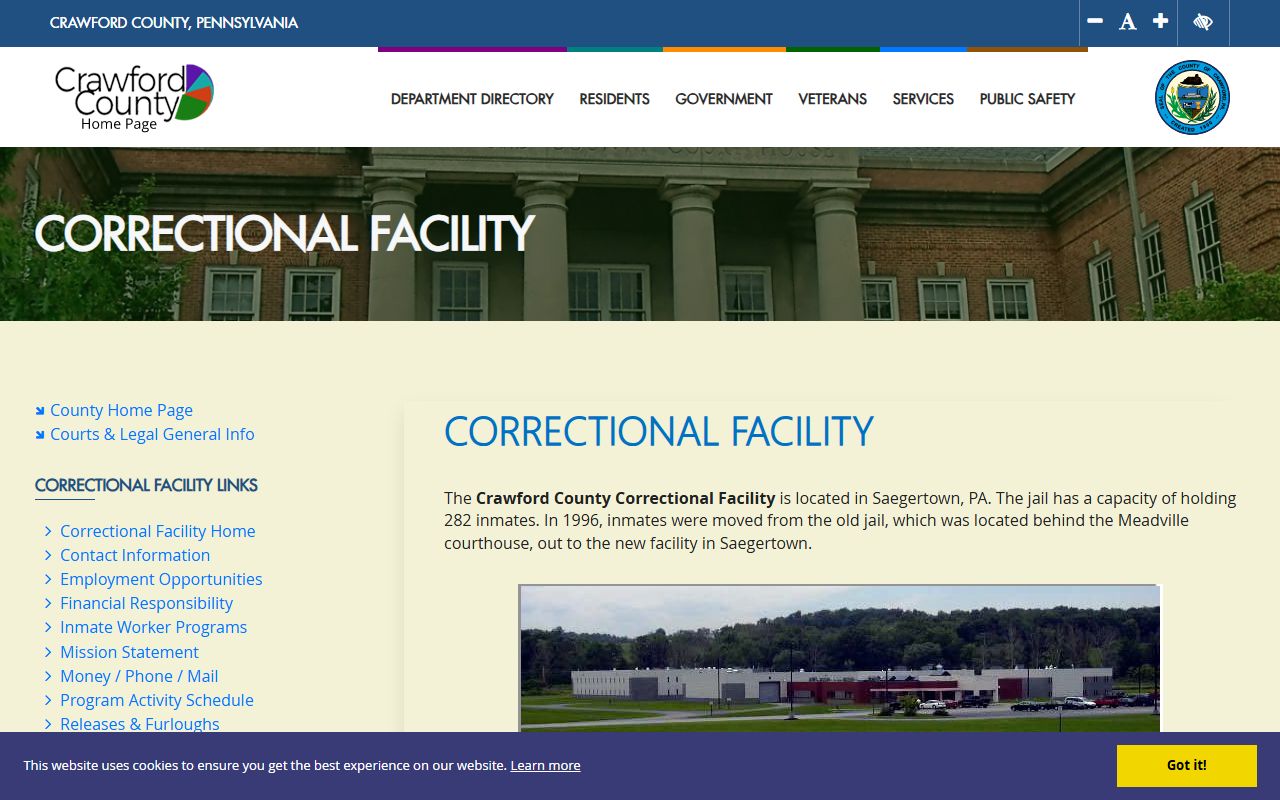 Crawford County Correctional Facility homepage for released inmate records