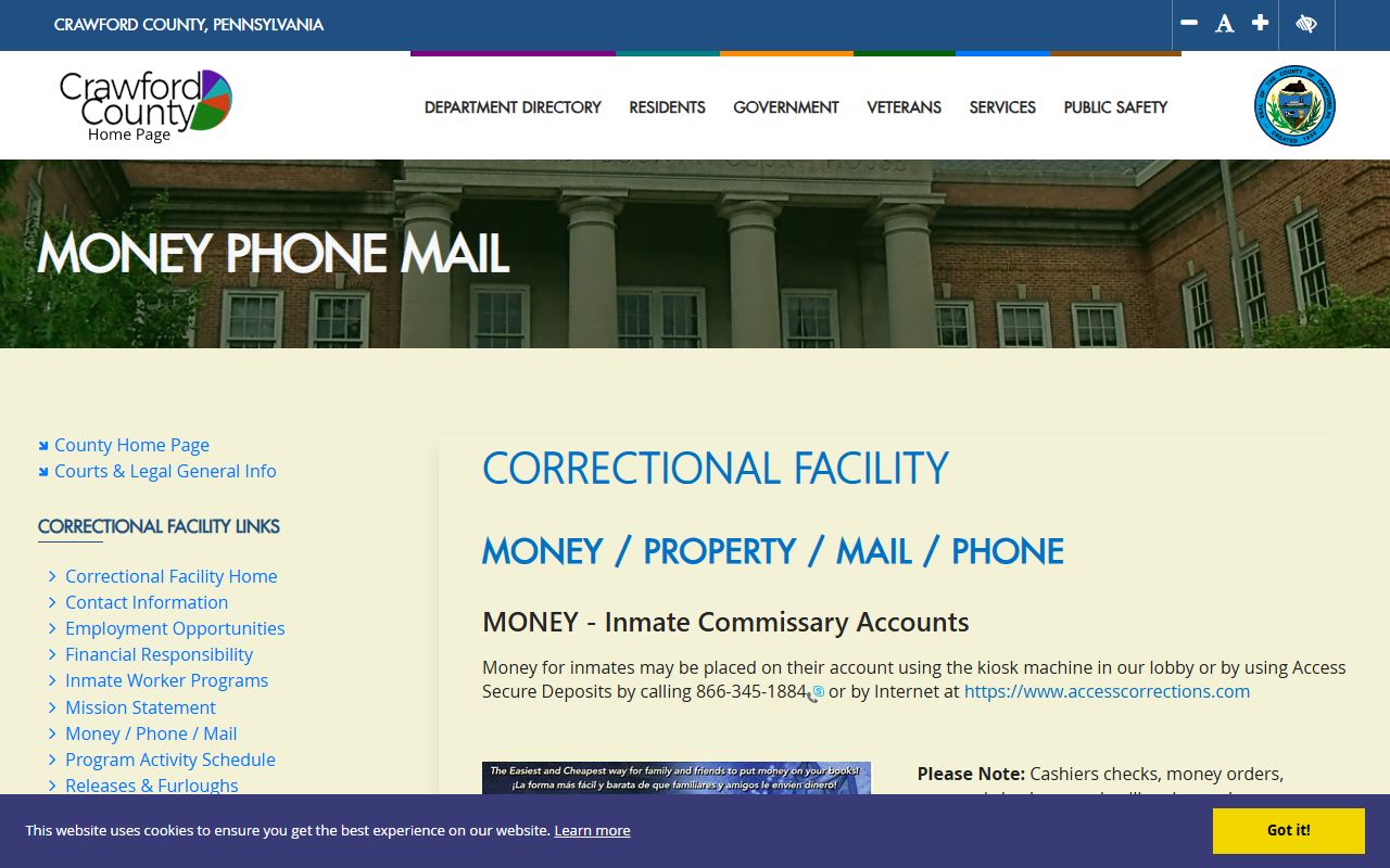 Crawford County CCCF communication policy page for inmate records
