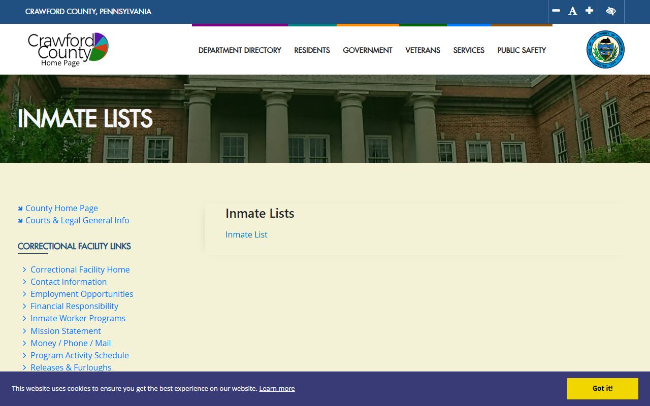 Crawford County inmate lists page for released inmate records