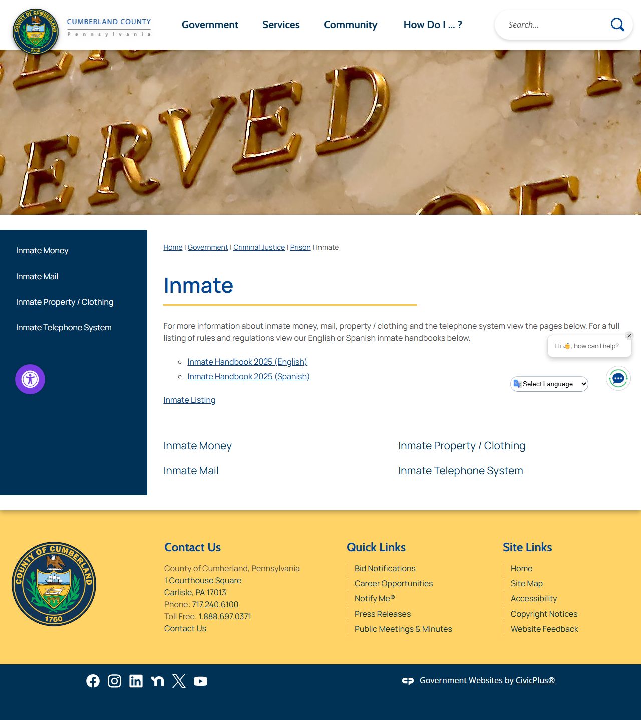 Cumberland County Prison inmate information page for released inmate records