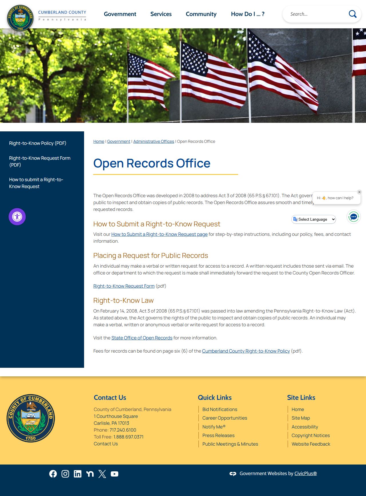 Cumberland County Open Records Office page for released inmate records requests