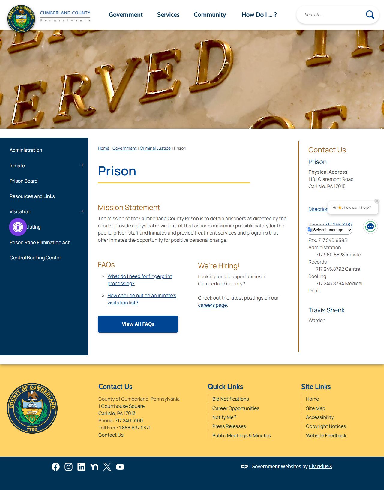 Cumberland County Prison page for released inmate records
