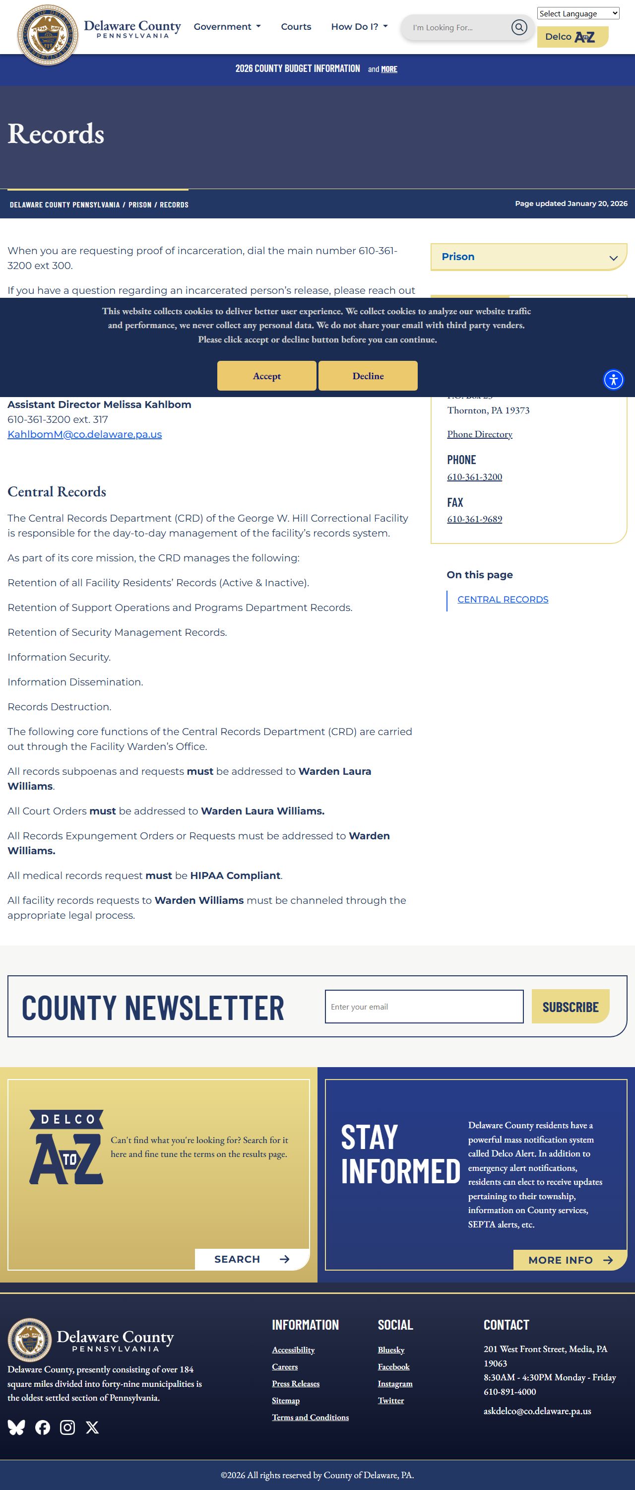 Delaware County Prison records department page for released inmate records