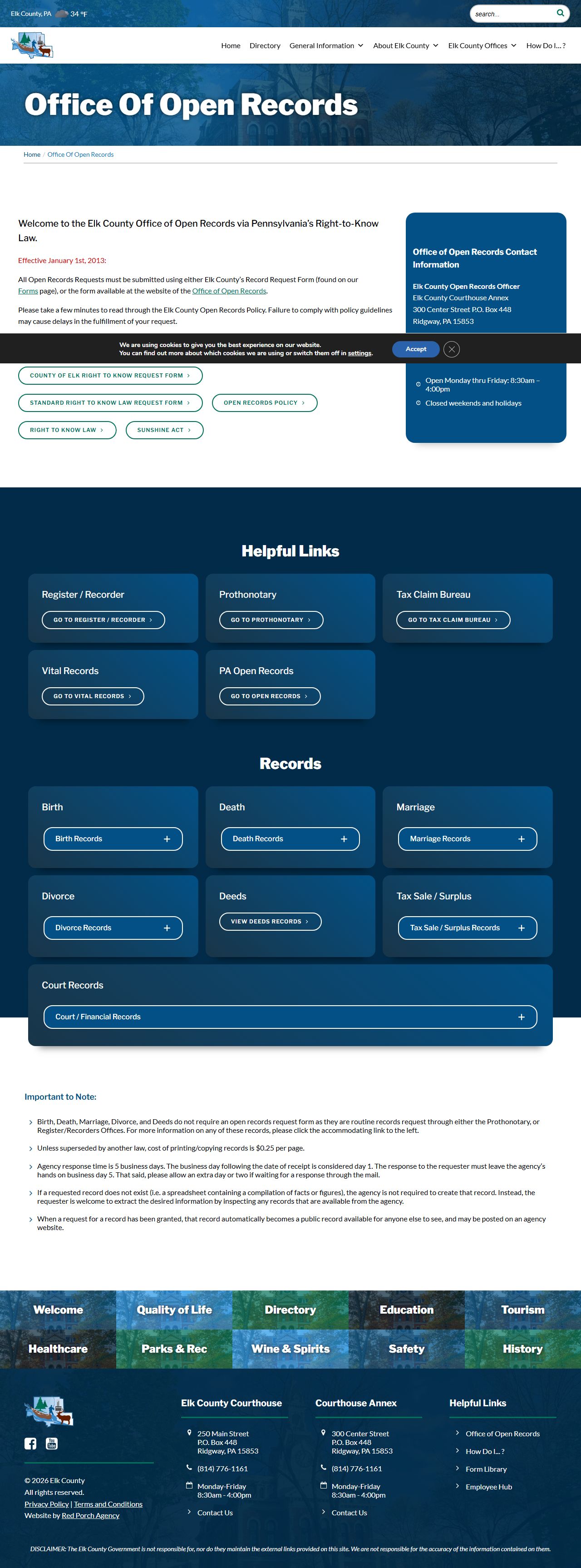 Elk County open records page for released inmate records