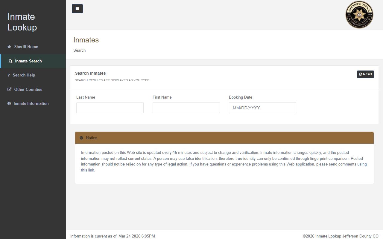 Jefferson County inmate lookup page for released inmate records