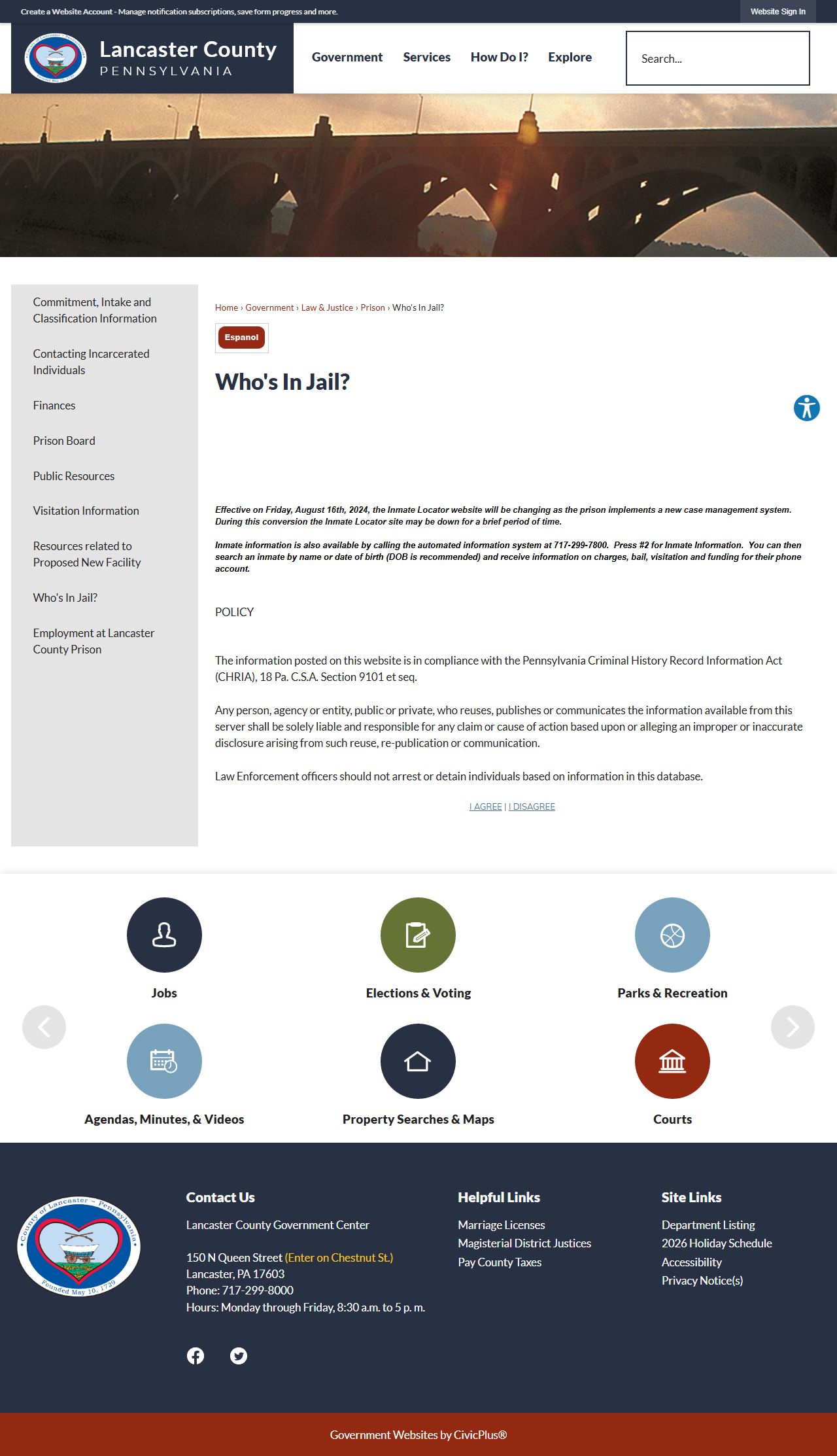 Lancaster County Who's In Jail roster page for released inmate records