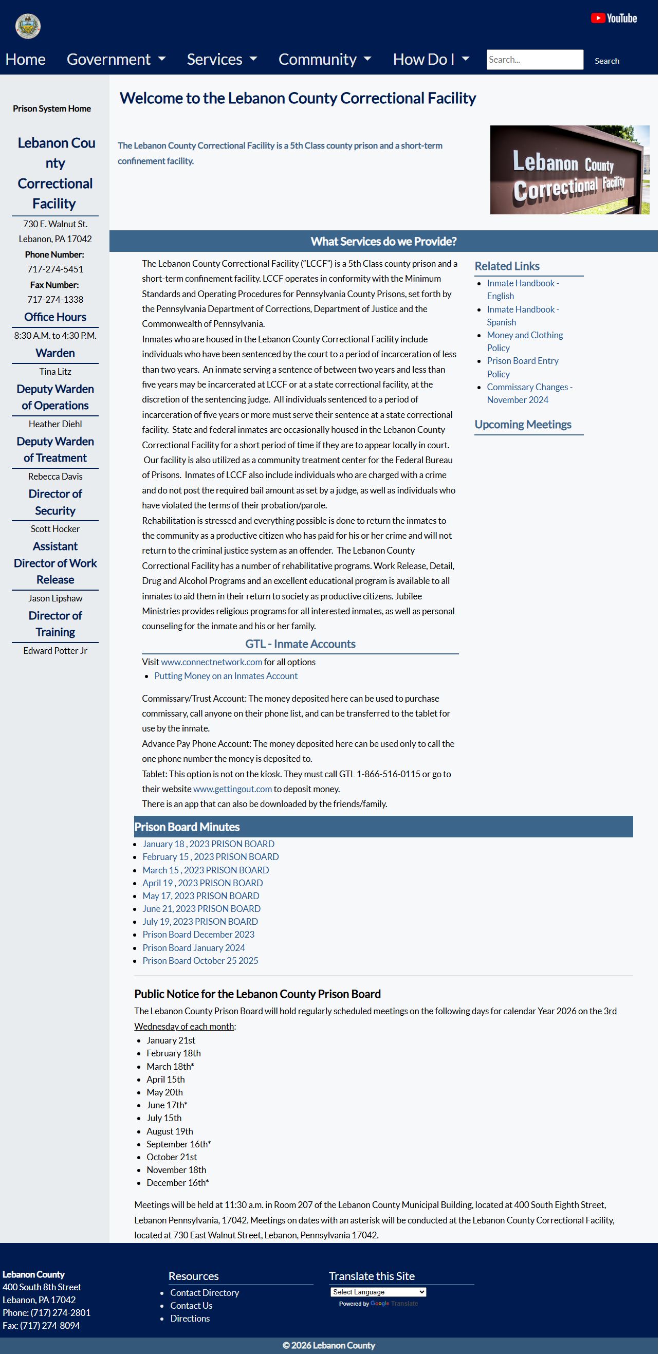 Lebanon County prison system page for released inmate records
