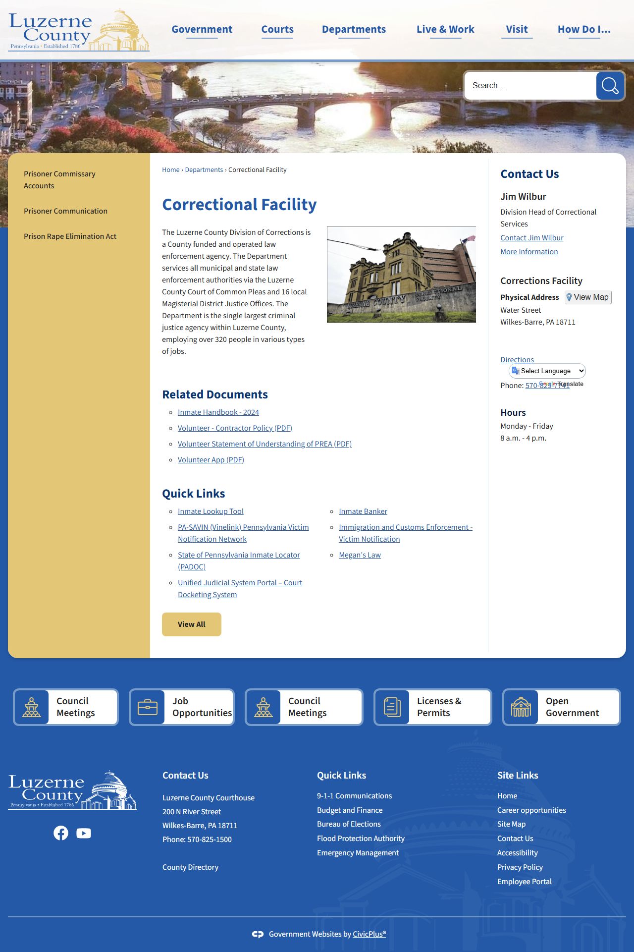 Luzerne County Correctional Facility page for released inmate records