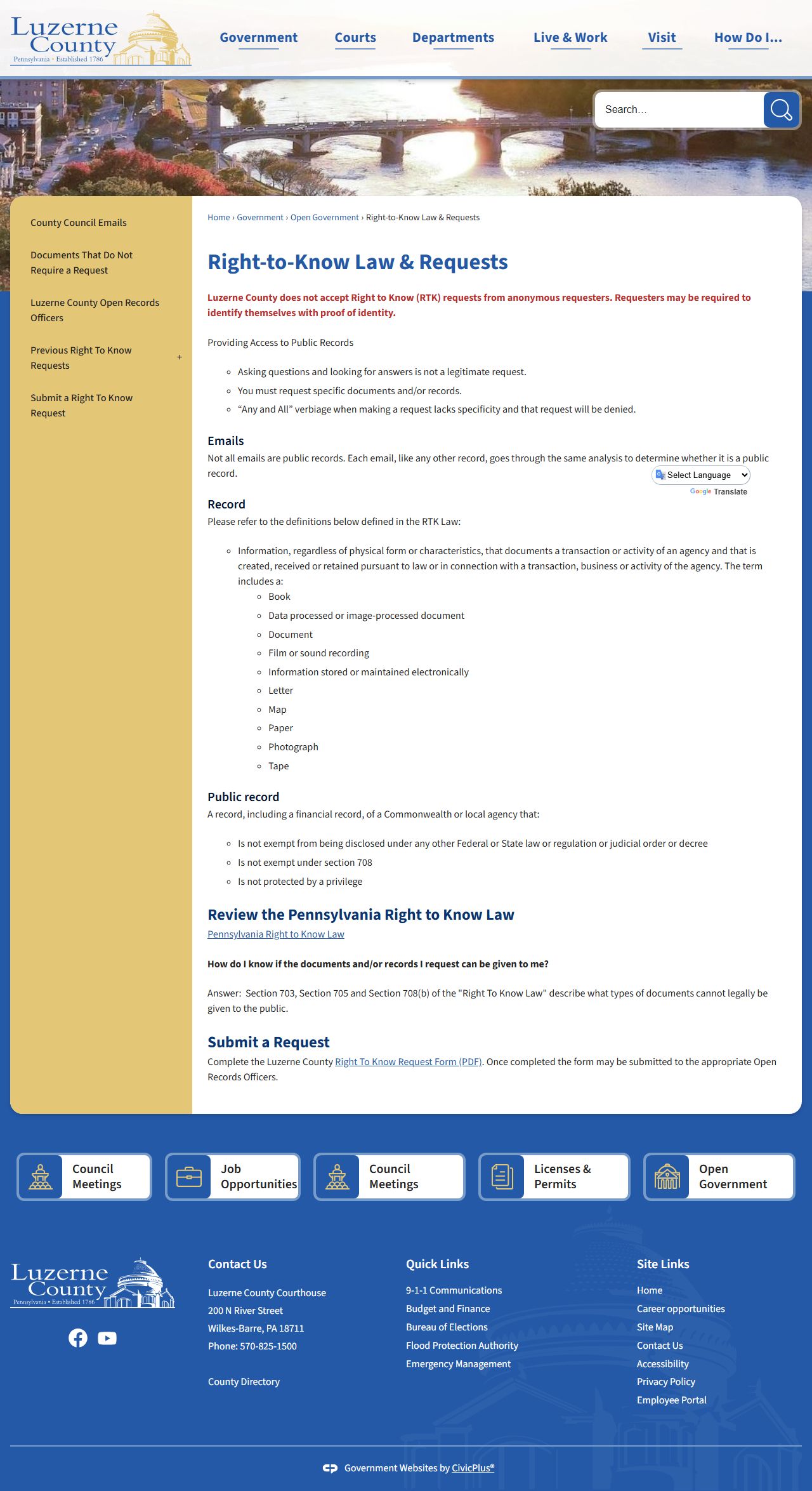 Luzerne County Right-to-Know Law requests page for inmate records