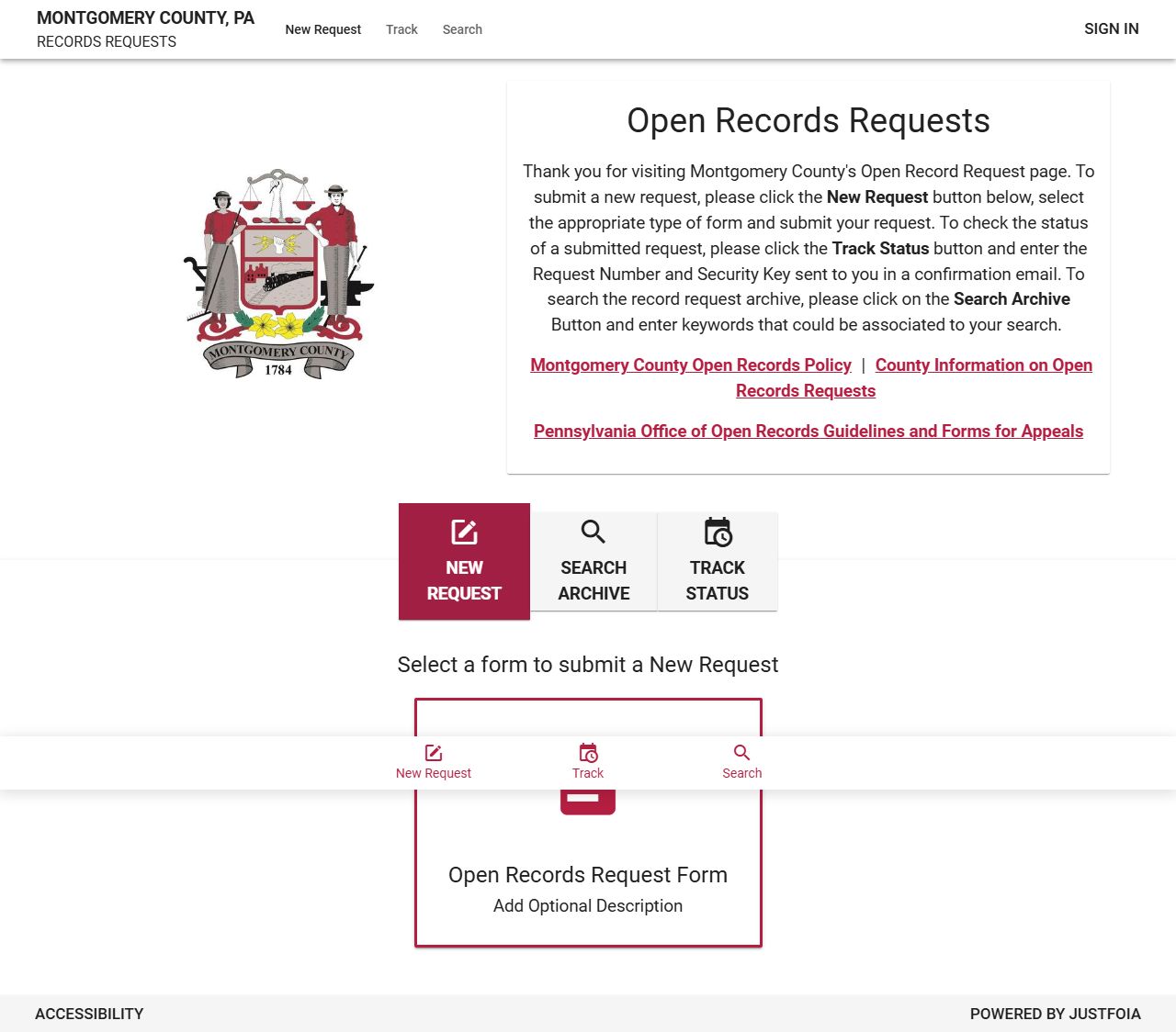 Montgomery County RTK portal for requesting released inmate records