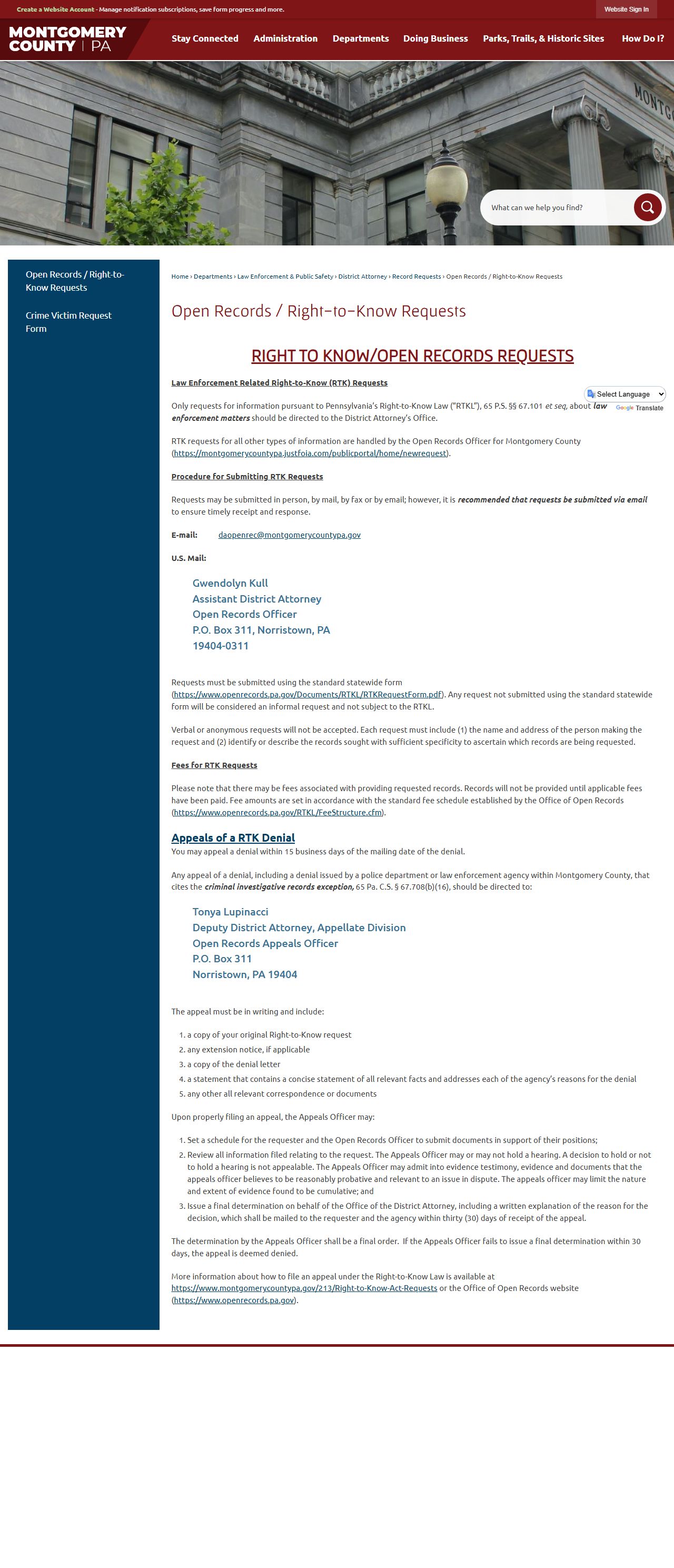 Montgomery County open records and Right-to-Know page for released inmate records