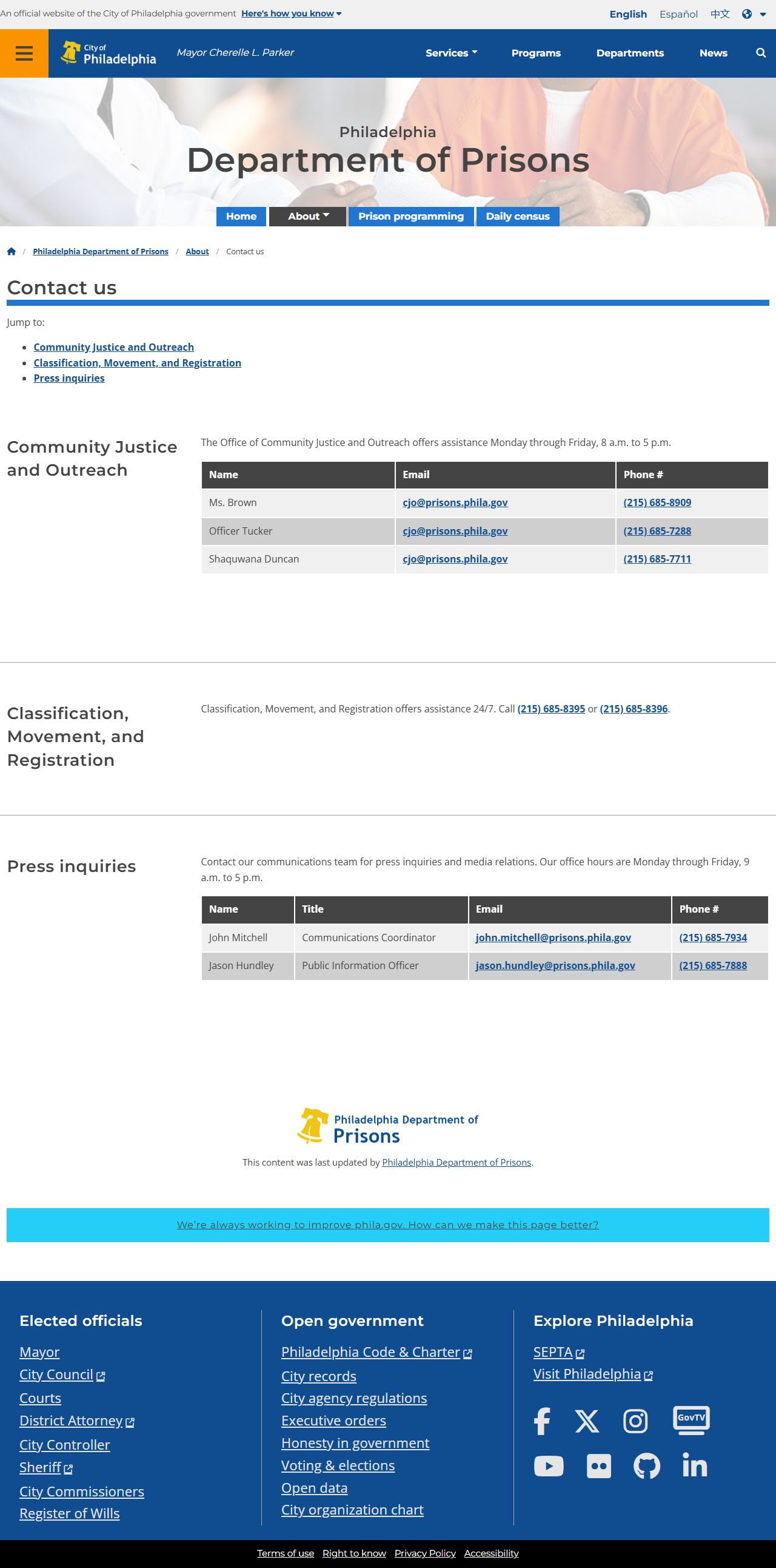 Philadelphia Department of Prisons contact page for released inmate records