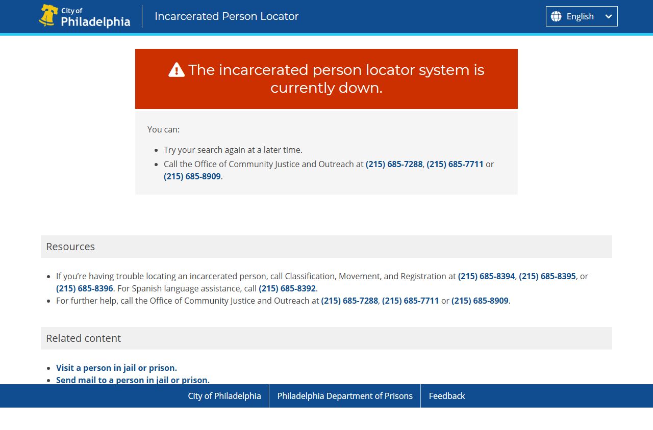 Philadelphia County incarcerated person locator for released inmate records
