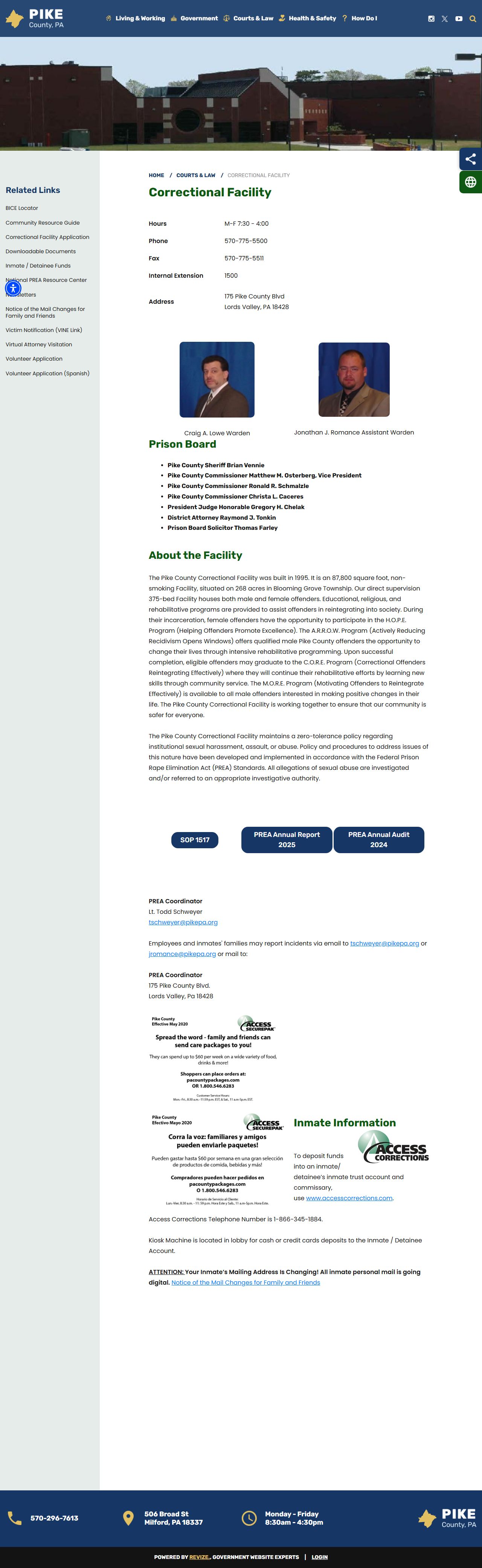 Pike County Correctional Facility official page for released inmate records