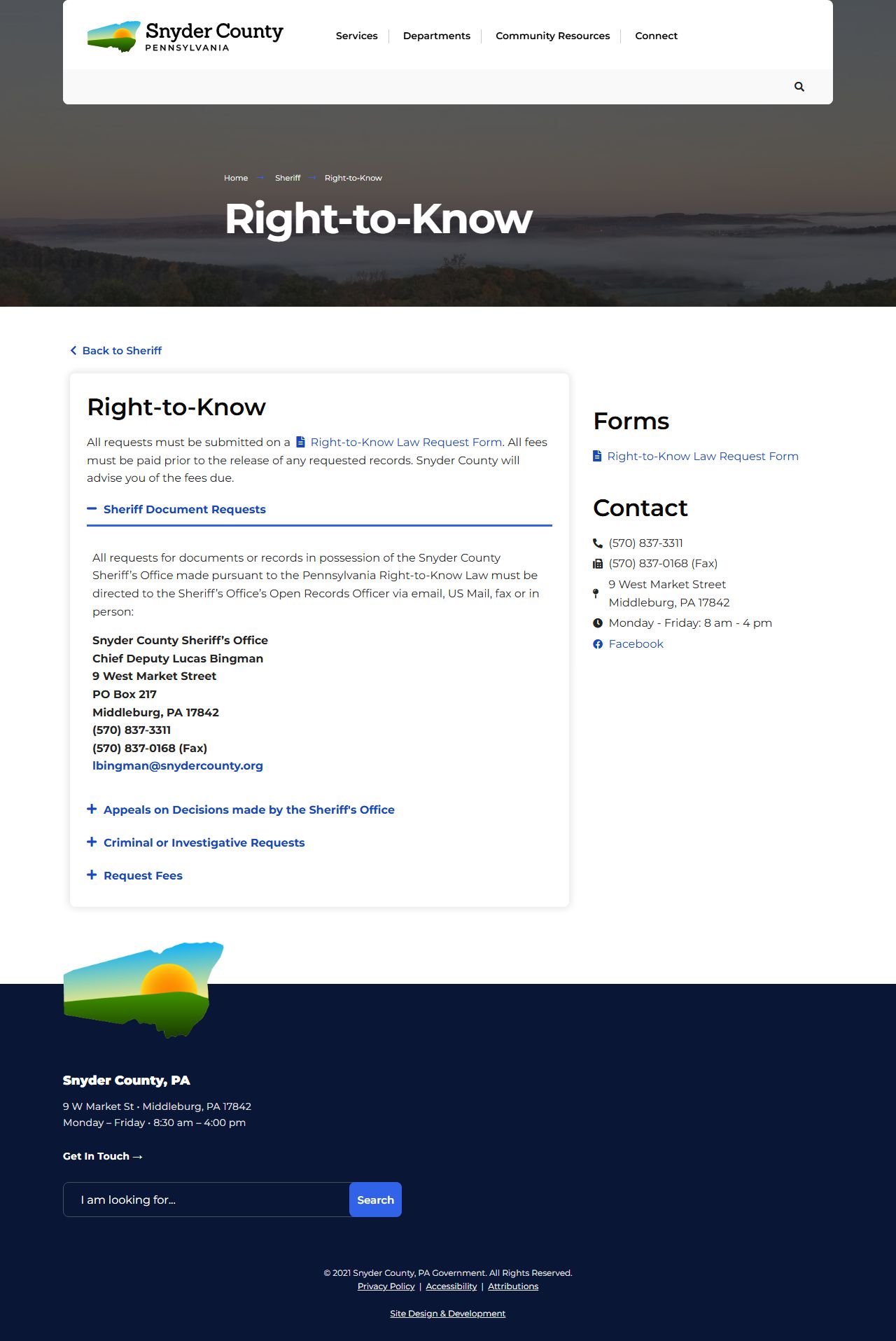 Snyder County Sheriff Right-to-Know page for released inmate records