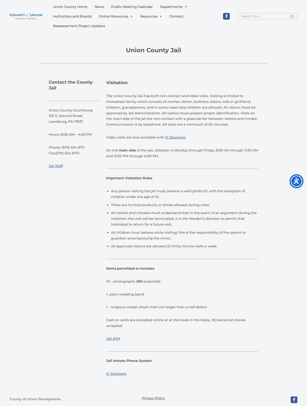 Union County Prison jail page for released inmate records