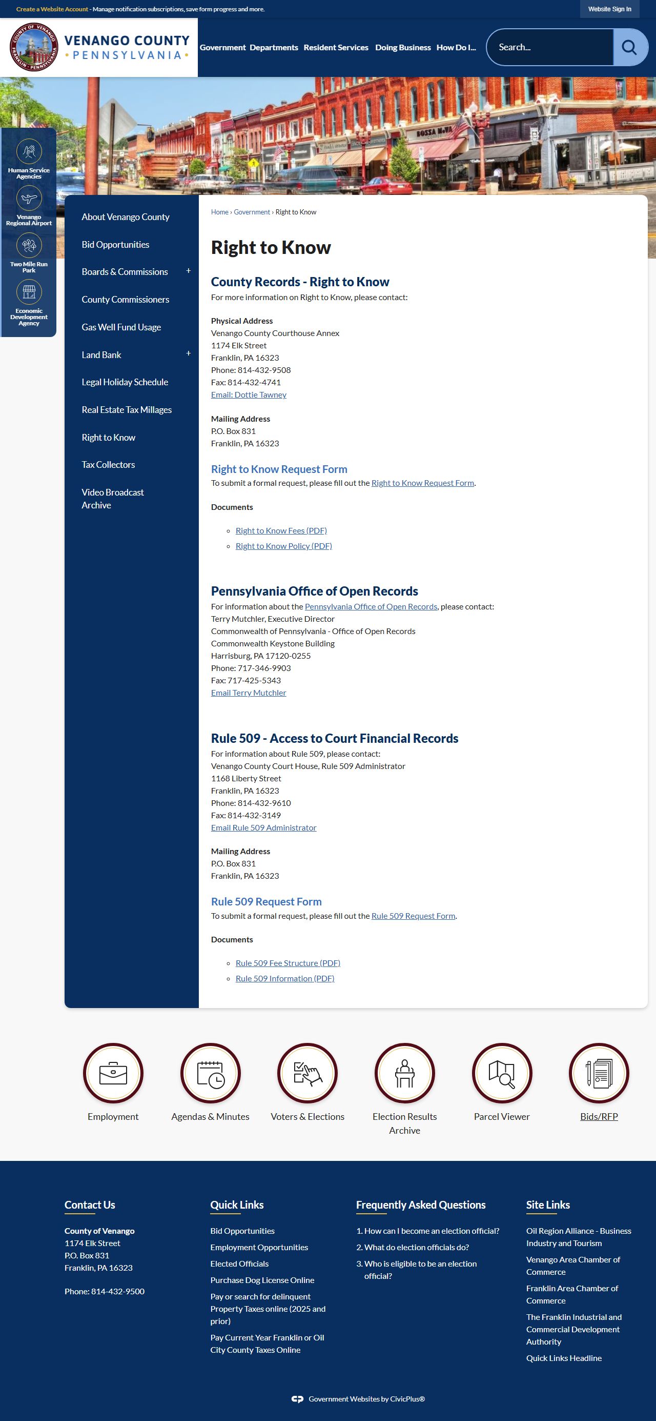 Venango County Right-to-Know page for released inmate records