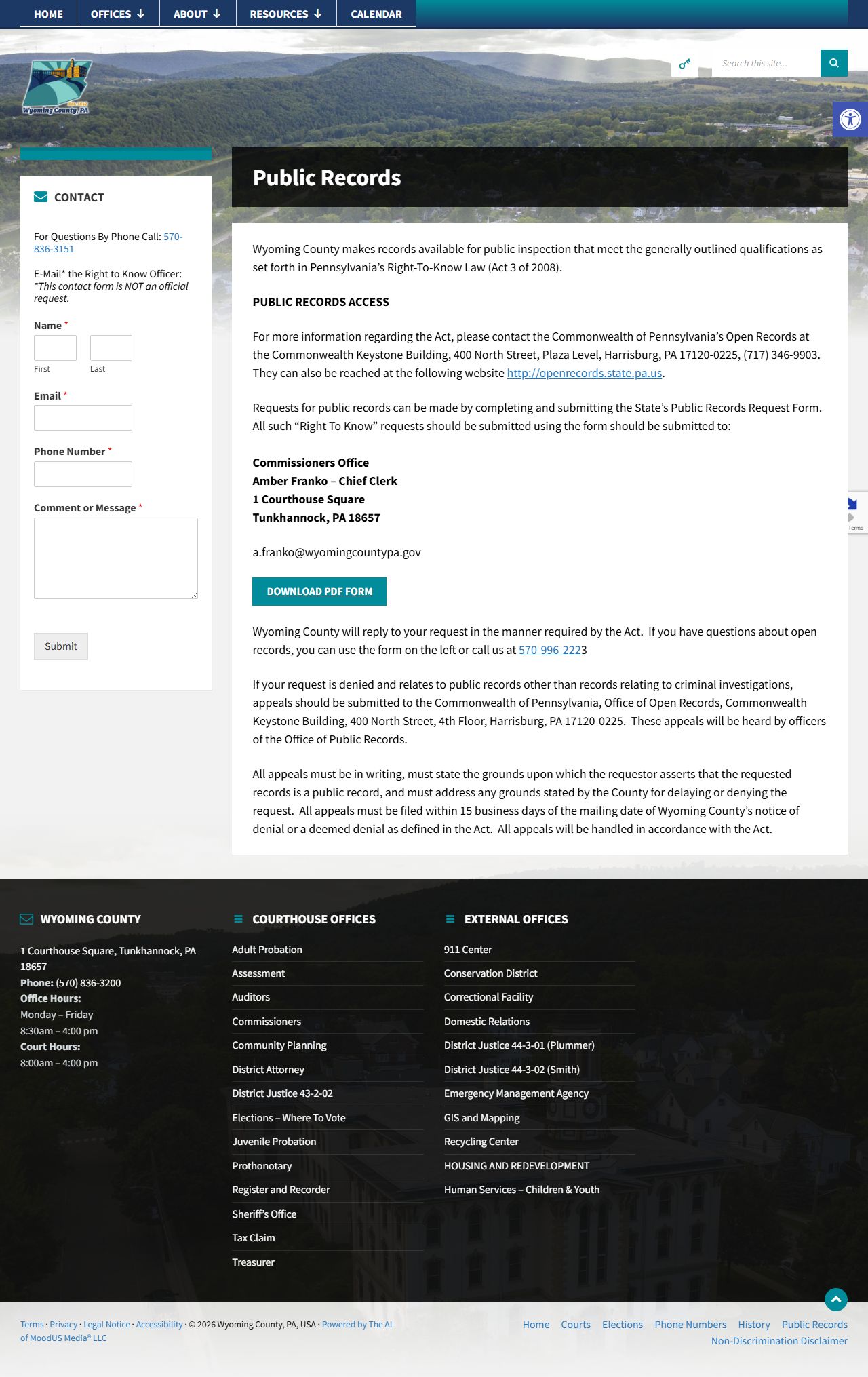 Wyoming County Right-to-Know page for released inmate record requests