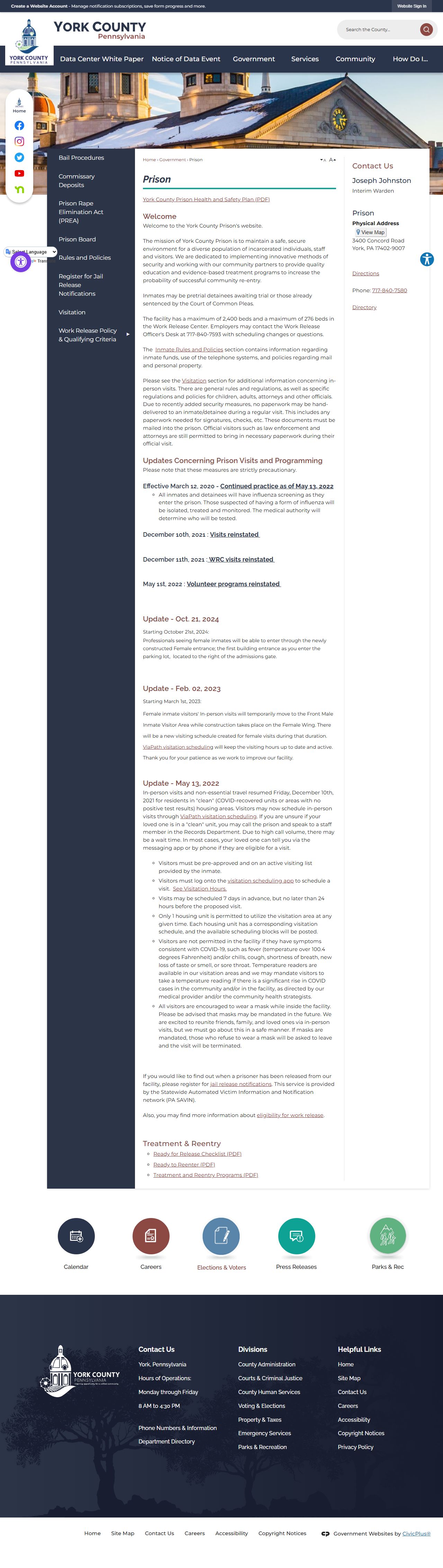 York County Prison official page for released inmate records