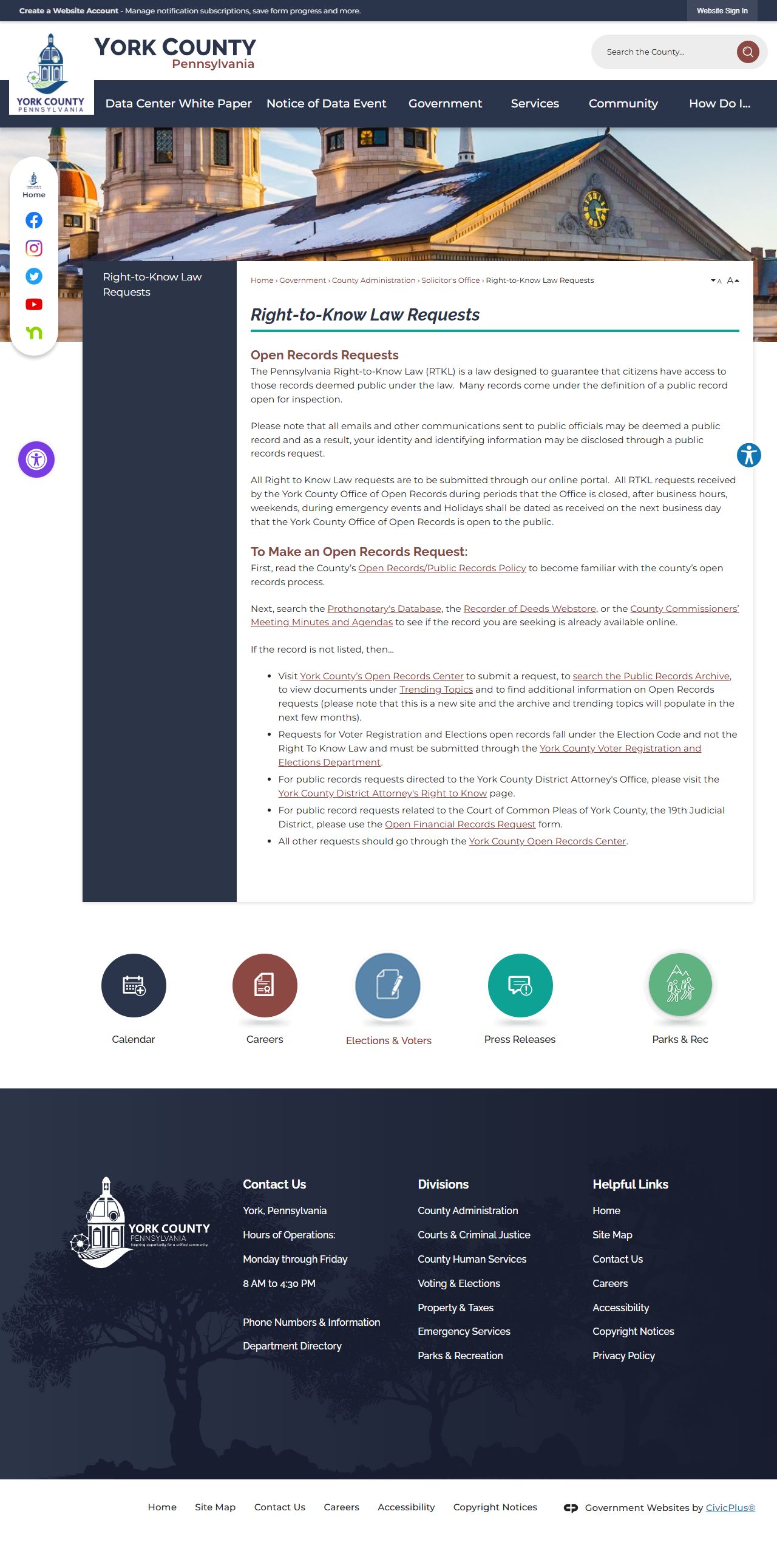 York County Right-to-Know Law requests page for inmate record access
