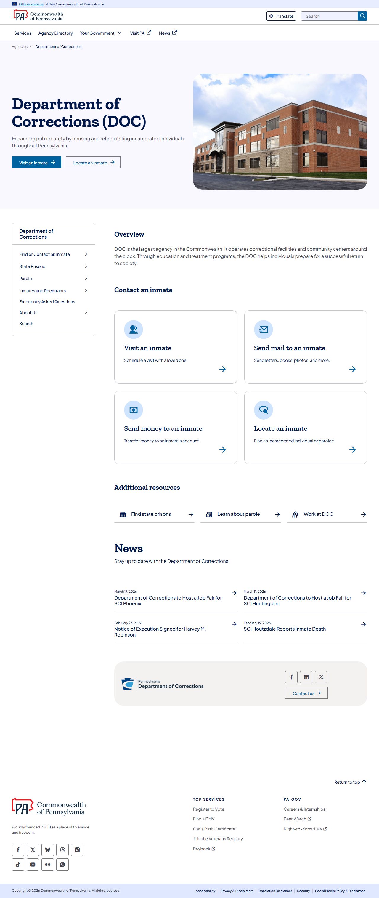 Pennsylvania Department of Corrections homepage for inmate records and released inmates