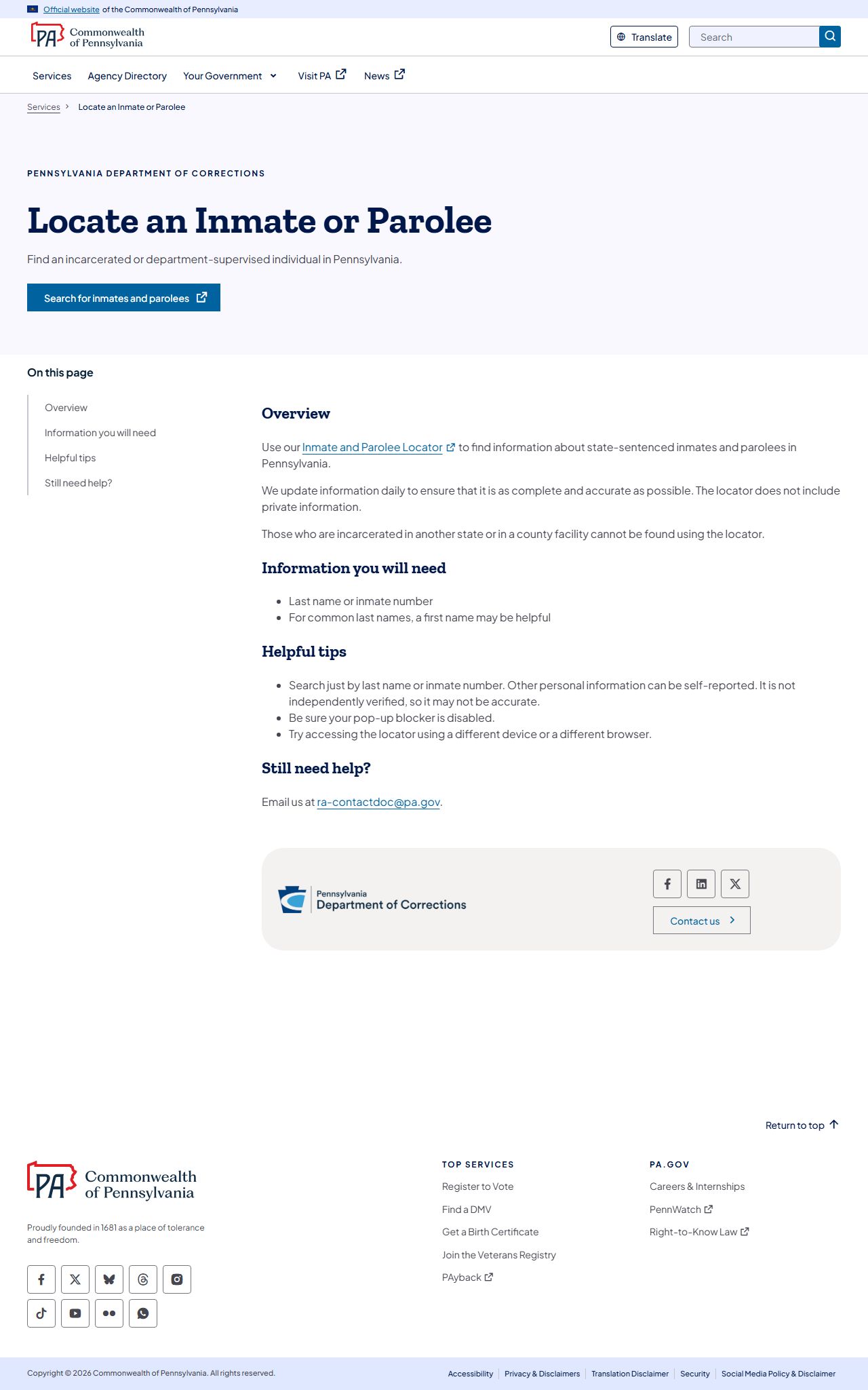 Pennsylvania DOC inmate locator page for finding released inmate records