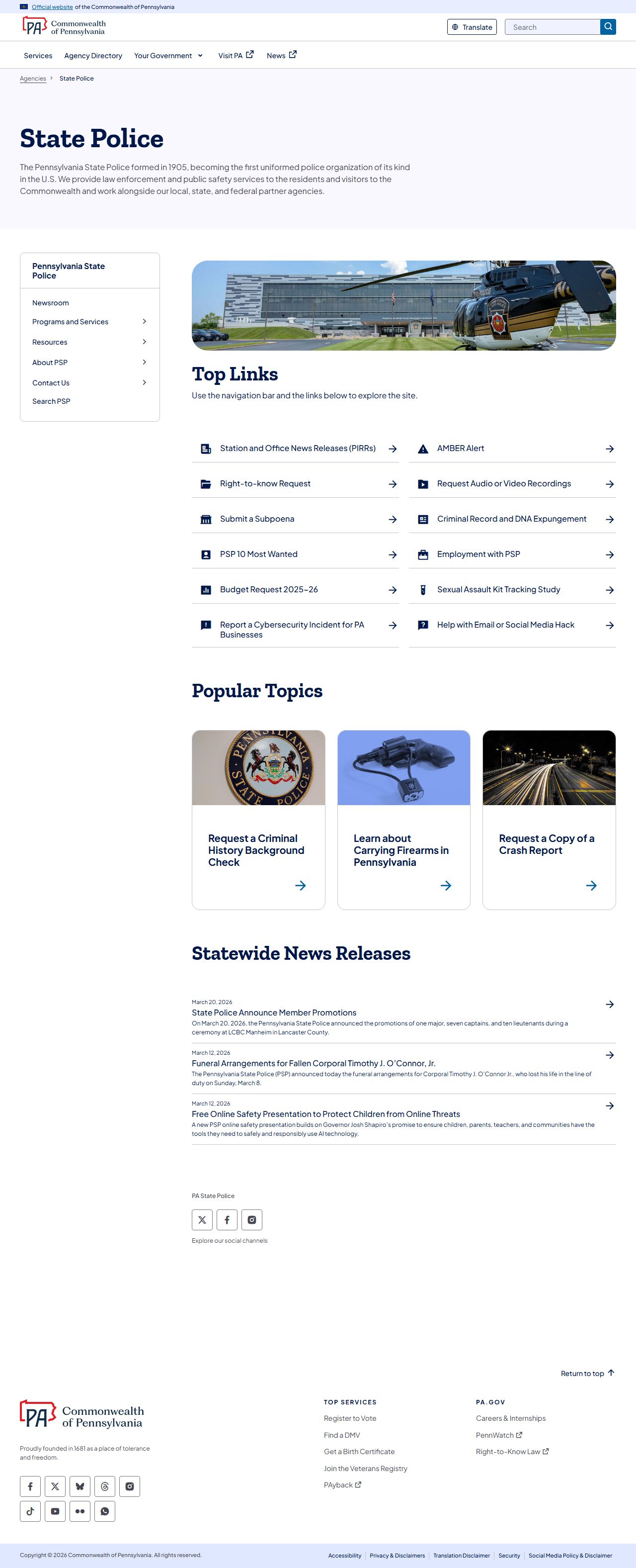 Pennsylvania State Police for PATCH criminal history records and released inmate information