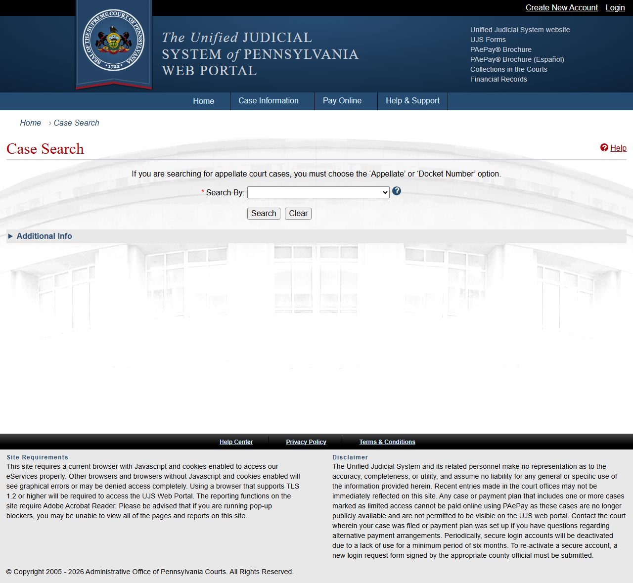 Pennsylvania UJS case search portal for criminal records and inmate information