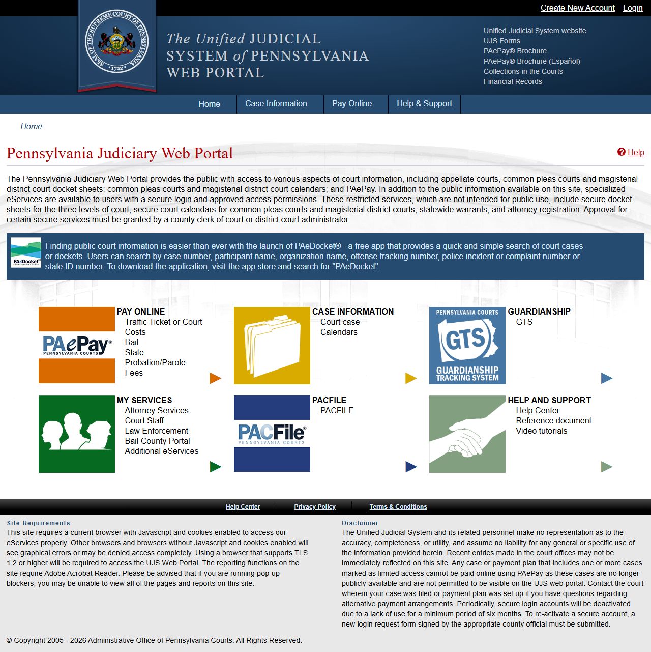 Pennsylvania UJS web portal for criminal case records and released inmate court information